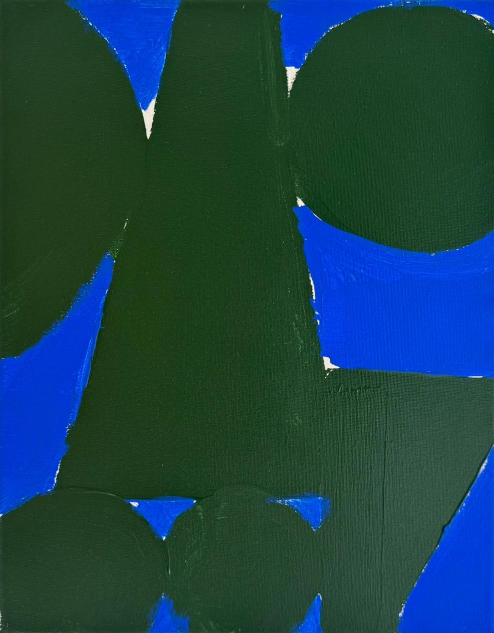 This painting uses simple geometric shapes and color harmony to explore balance and the relationship between positive and negative space. Cool blues and warm green shapes bring a sense of balance and harmony, bits of white create accent points and