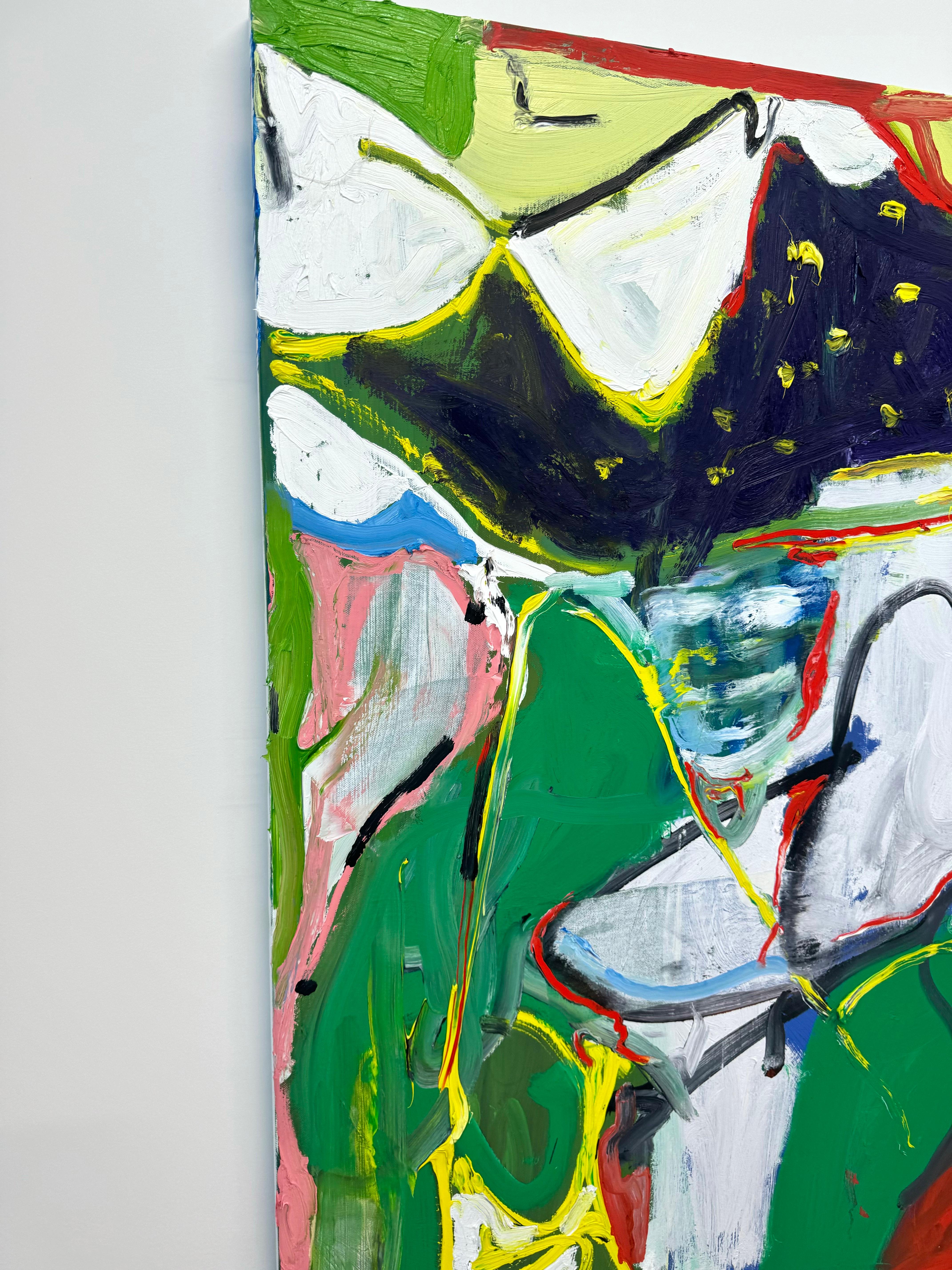Questo dipinto, realizzato con olio su tela, combina forme astratte e linee gestuali che suggeriscono figure, paesaggi ed elementi dei cartoni animati. Gli spessi strati di pittura rivelano l'approccio spontaneo ed energico adottato per la sua