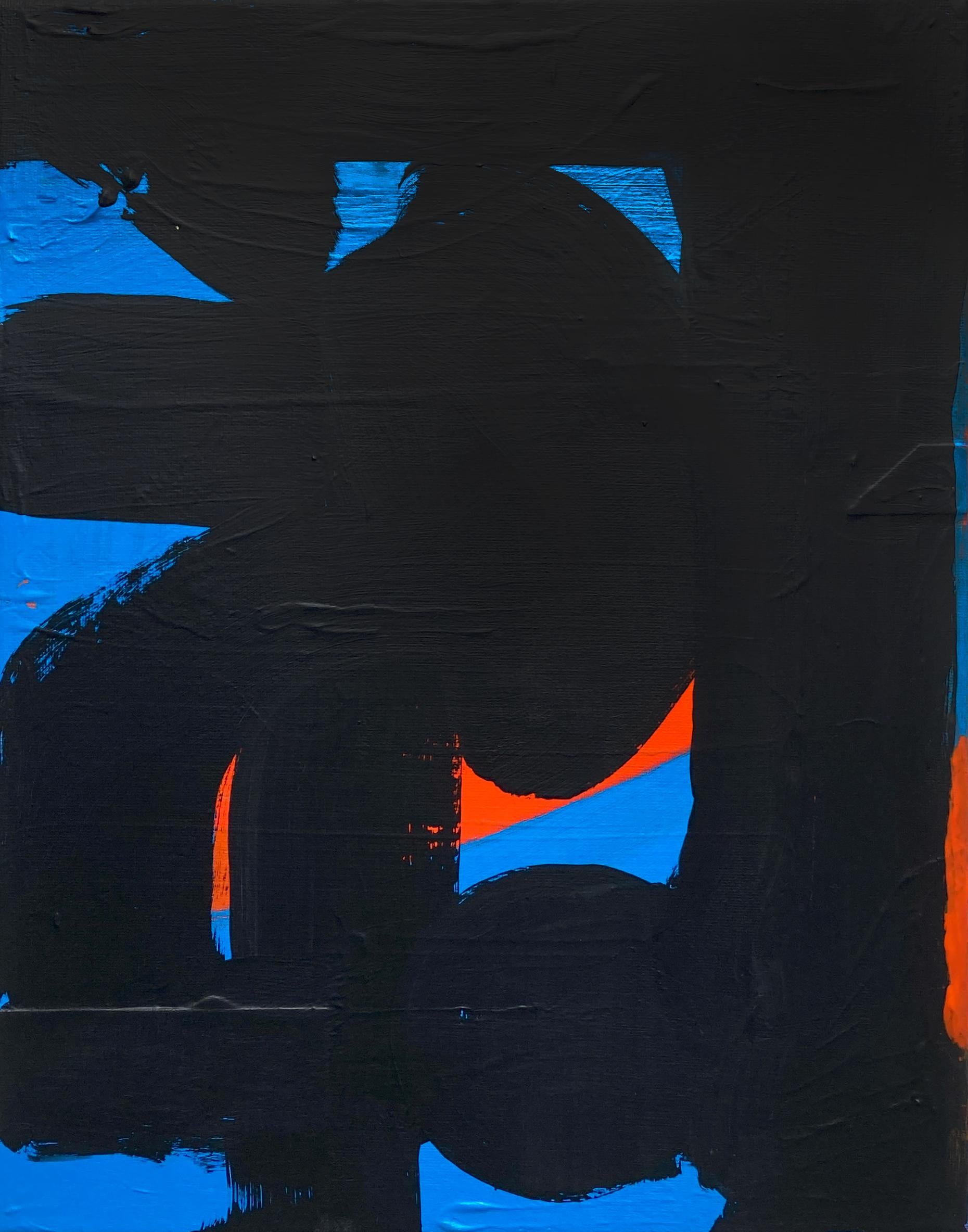 Elusive Orange uses bold brushwork and strong dynamic figure-ground relationships to create a balanced and intriguing abstract composition. The evidence of the process can be seen in little bits of color on the edges of the canvas as well as the
