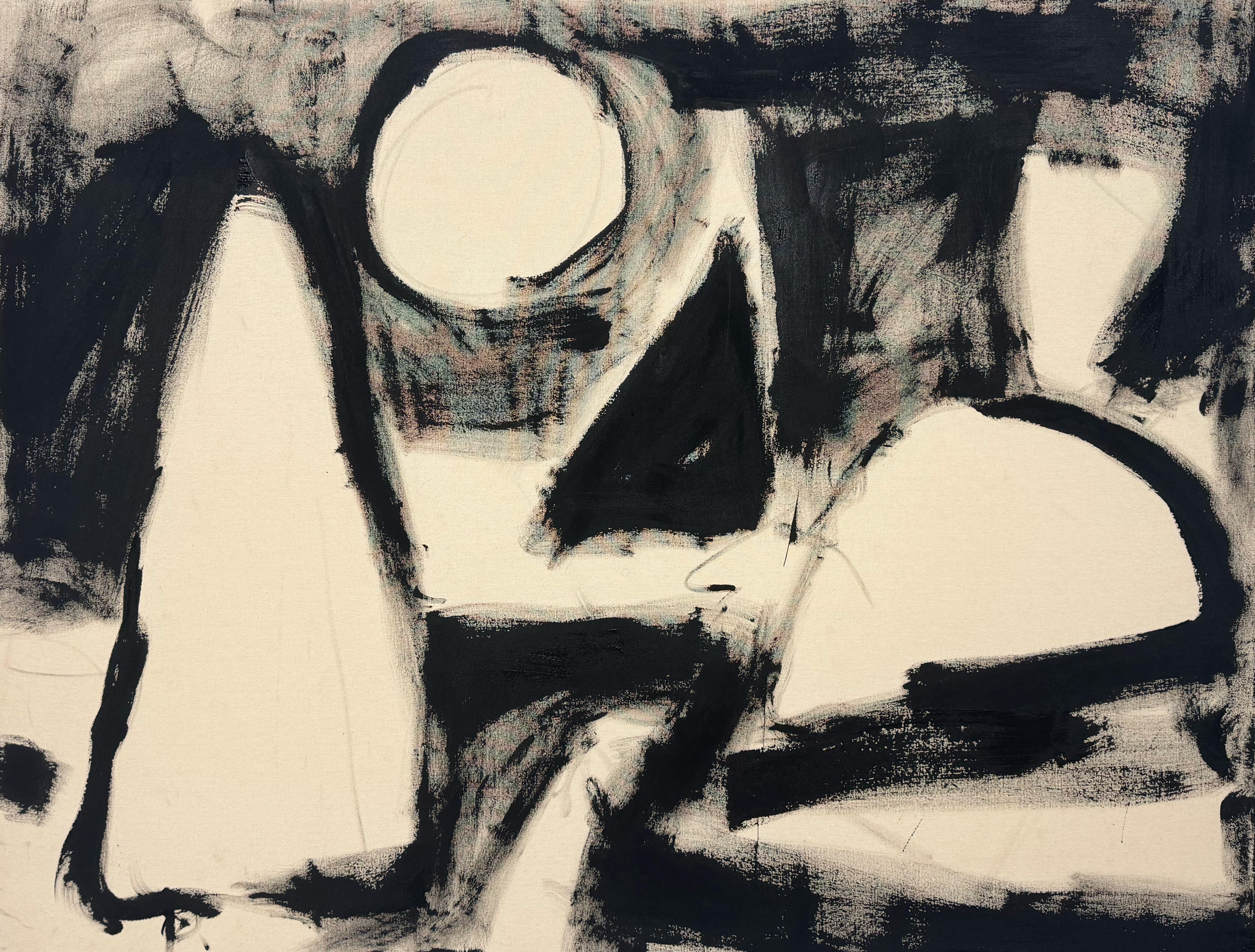 This painting was created using acrylic paint on raw canvas. The washy moments of paint create variations of black and grey tones and texture. The bold geometric shapes loosely reference elements from the landscape while still remaining abstract.