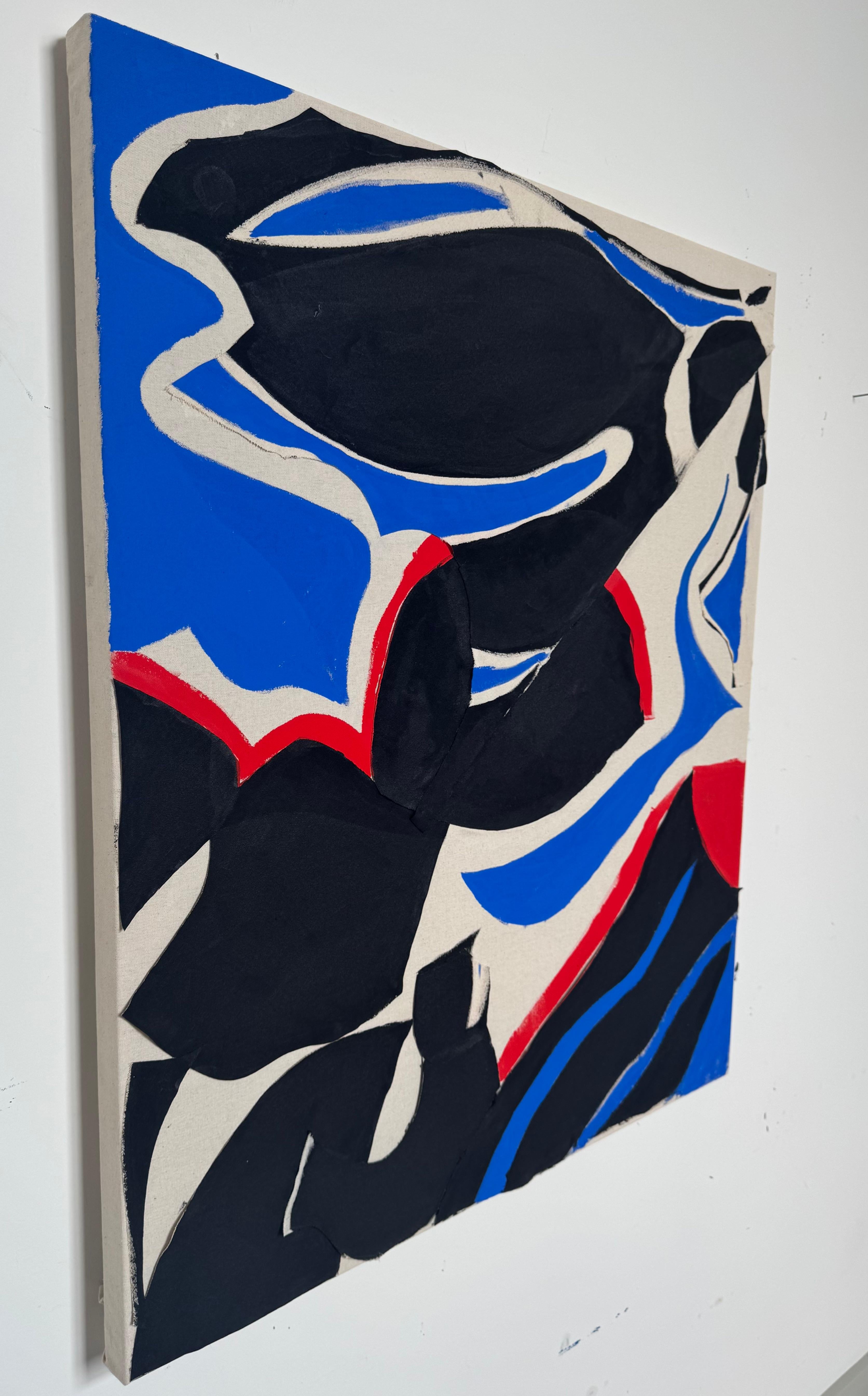 This painting is a rhythmic and energetic abstract composition that combines bold color, dynamic form, and the physical layering of materials. The artist employs sweeping shapes and sharp contrasts to create a sense of movement and rhythm across the