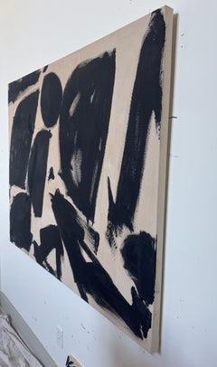 Gathering, dipinto astratto con pennellate nere e decise, firmato, 46x60