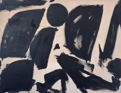 Gathering, Abstraktes Gemälde mit kräftigen schwarzen Pinselstrichen, signiert, 46x60