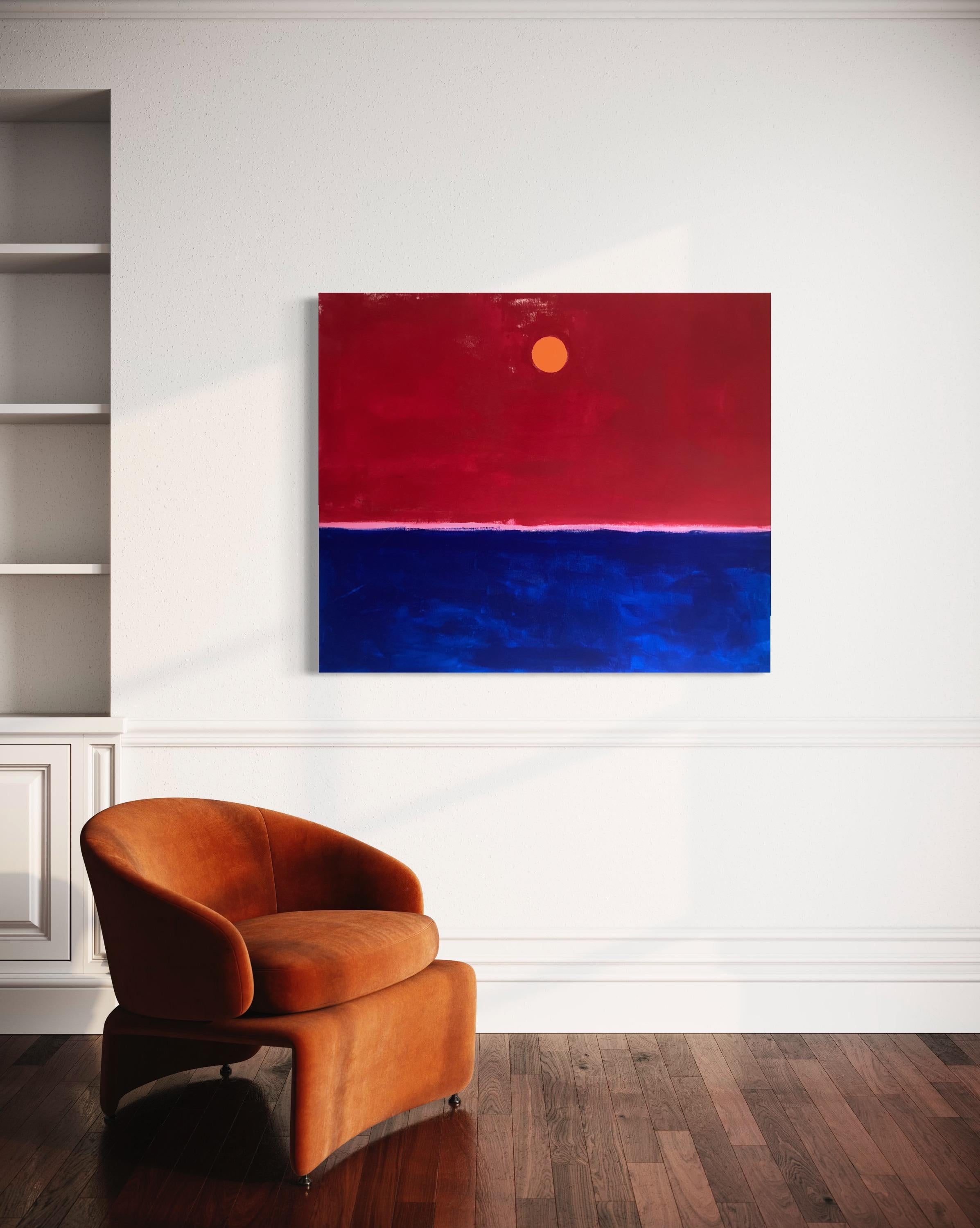 This painting shows the horizon in its silent and mysterious grandeur, separated by a thin strip of pink paint and a division of two colors. The painting was created with washes of high-grade French vinyl paint and creates a slightly glossy and rich