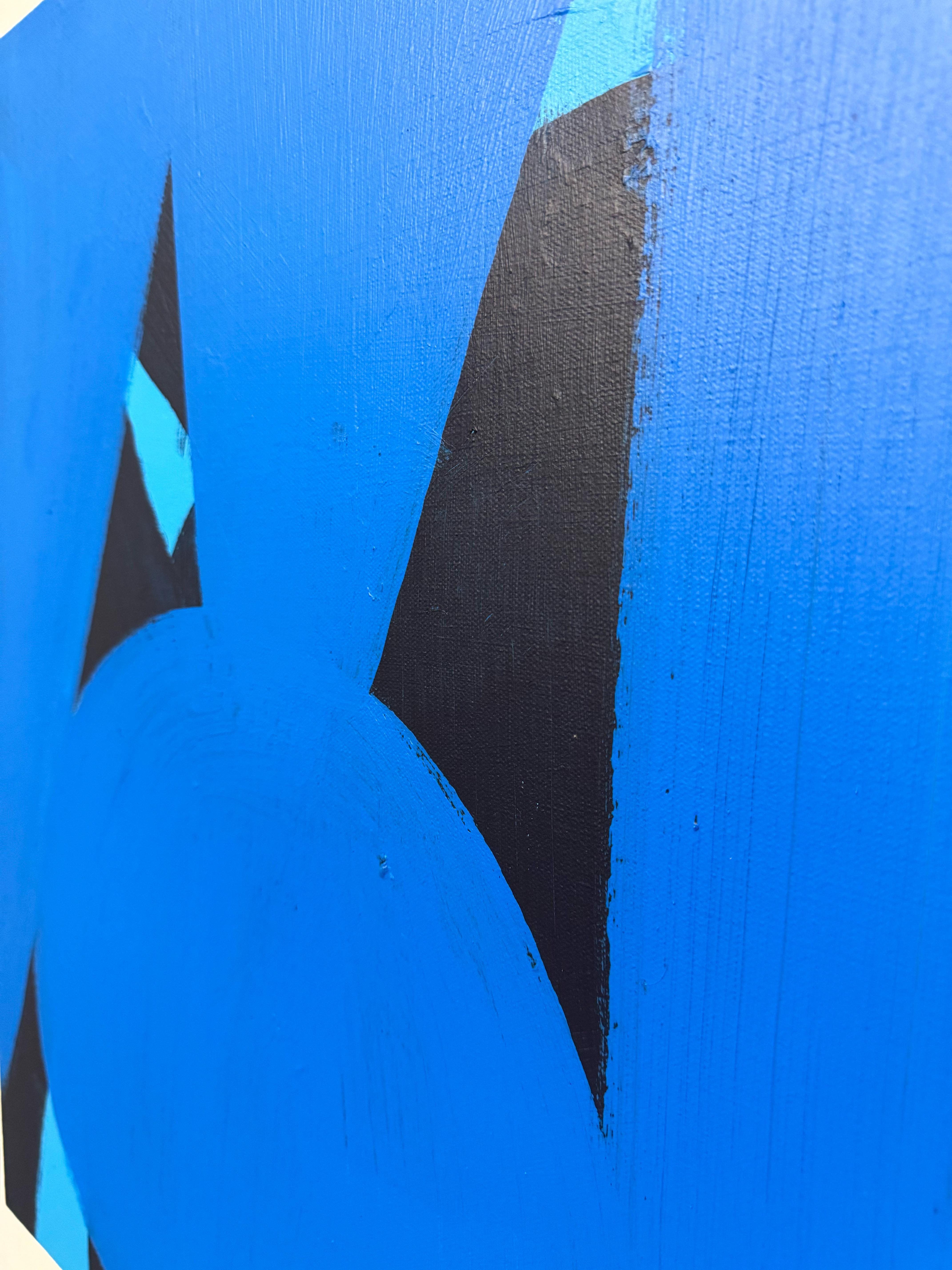 Questo dipinto in acrilico su tela presenta molteplici strati di forme geometriche e pennellate gestuali in varie tonalità di blu e nero. Come molte delle opere astratte dell'artista, si evolve attraverso un processo di tentativi ed errori, con