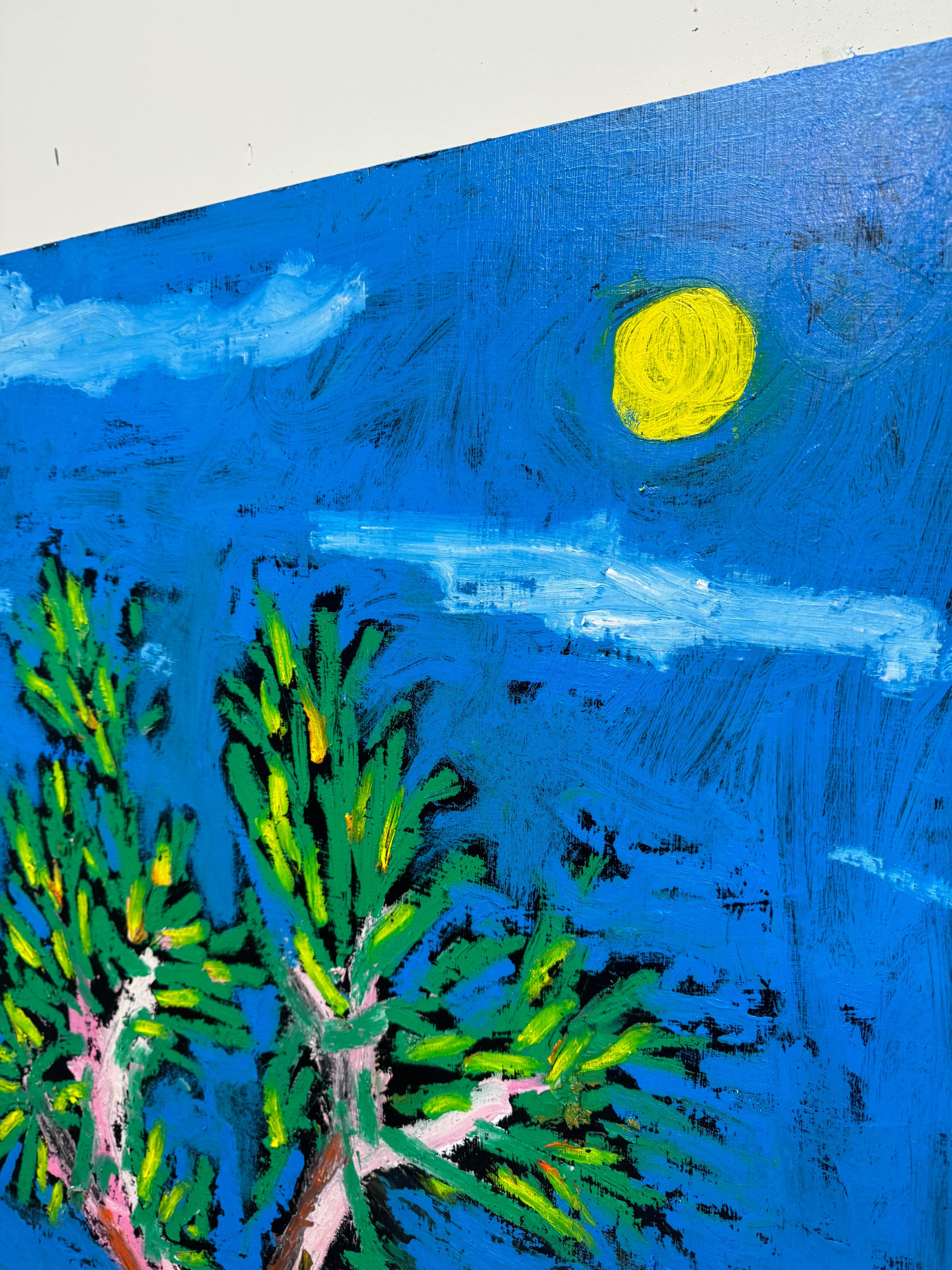 This painting, created with vibrant oil sticks on a wood panel, showcases a rich texture and bold, dynamic colors. The direct application of the oil stick gives the artwork a tactile, expressive quality, with gestural marks adding energy and