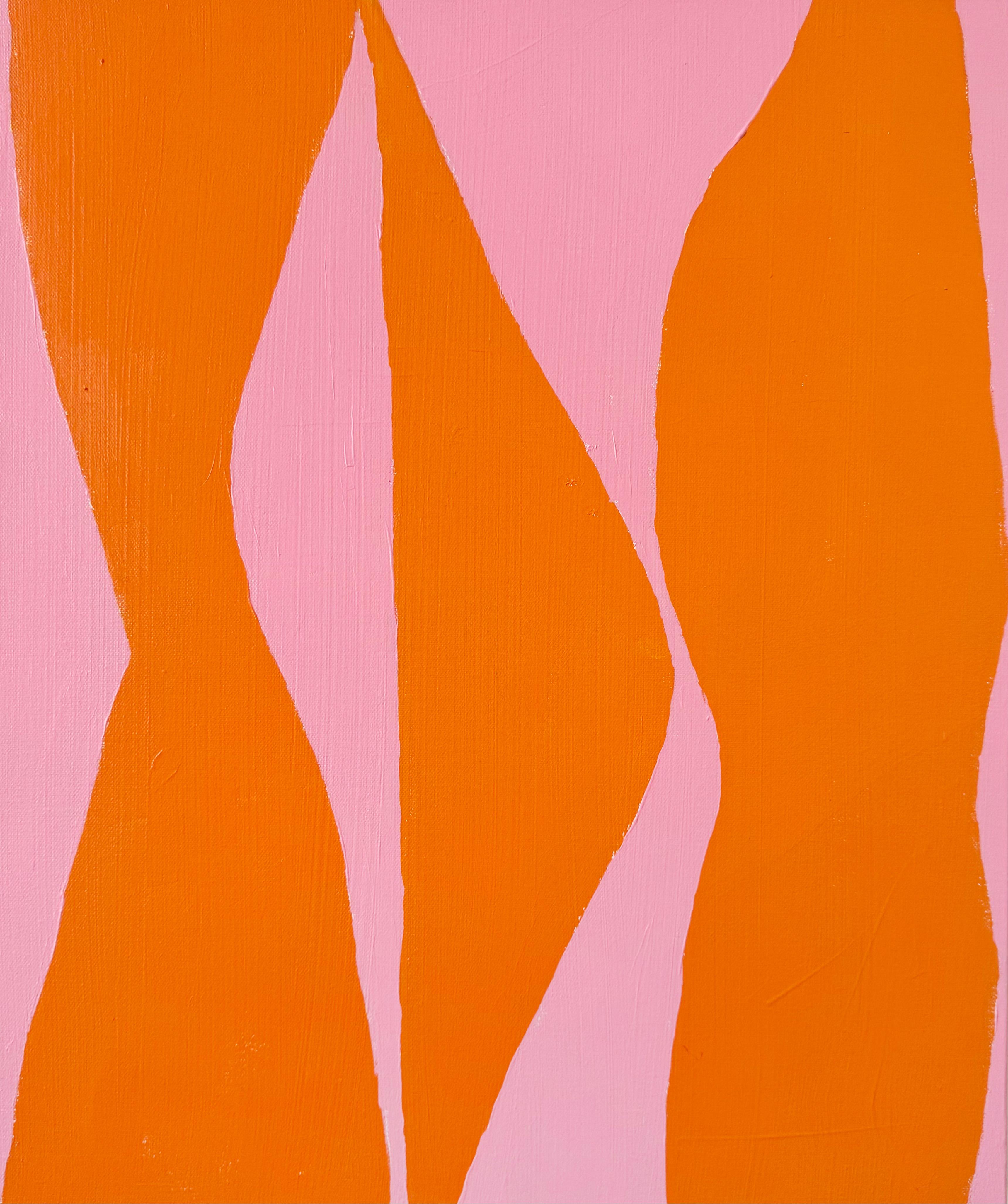 Linger in Warmth is a minimalist abstract painting composed of undulating, flame-like shapes in a vivid tangerine orange, set against a flat, soft pink background. The composition plays with negative space and gentle curvature, evoking a sense of