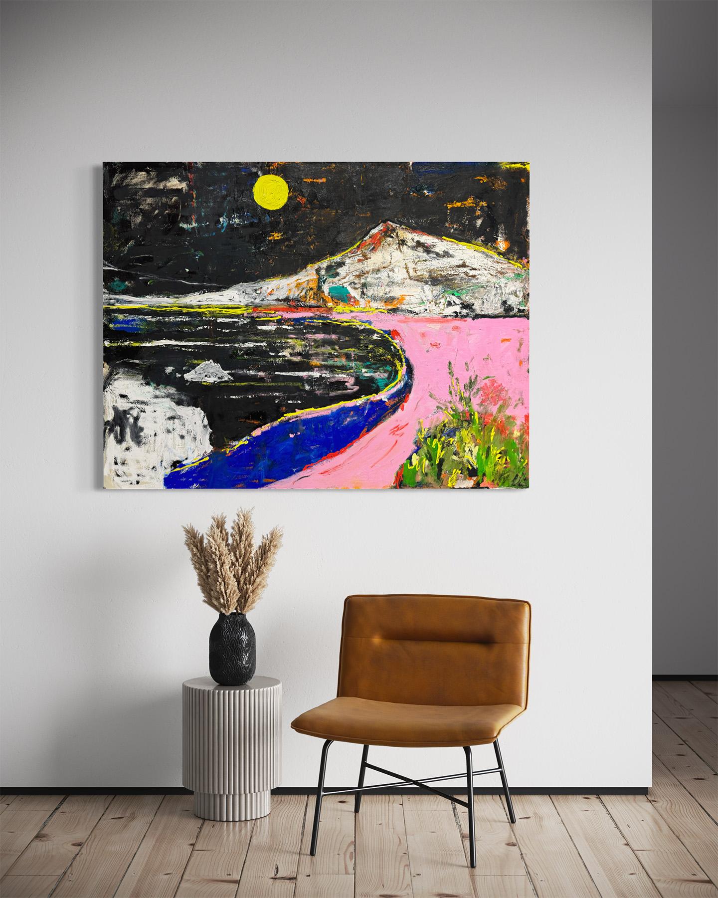 Concebido originalmente como una obra abstracta, este cuadro se fue transformando gradualmente en una escena paisajística reconocible. Representa un paisaje en un entorno extraño pero familiar, y forma parte de la colección del artista titulada