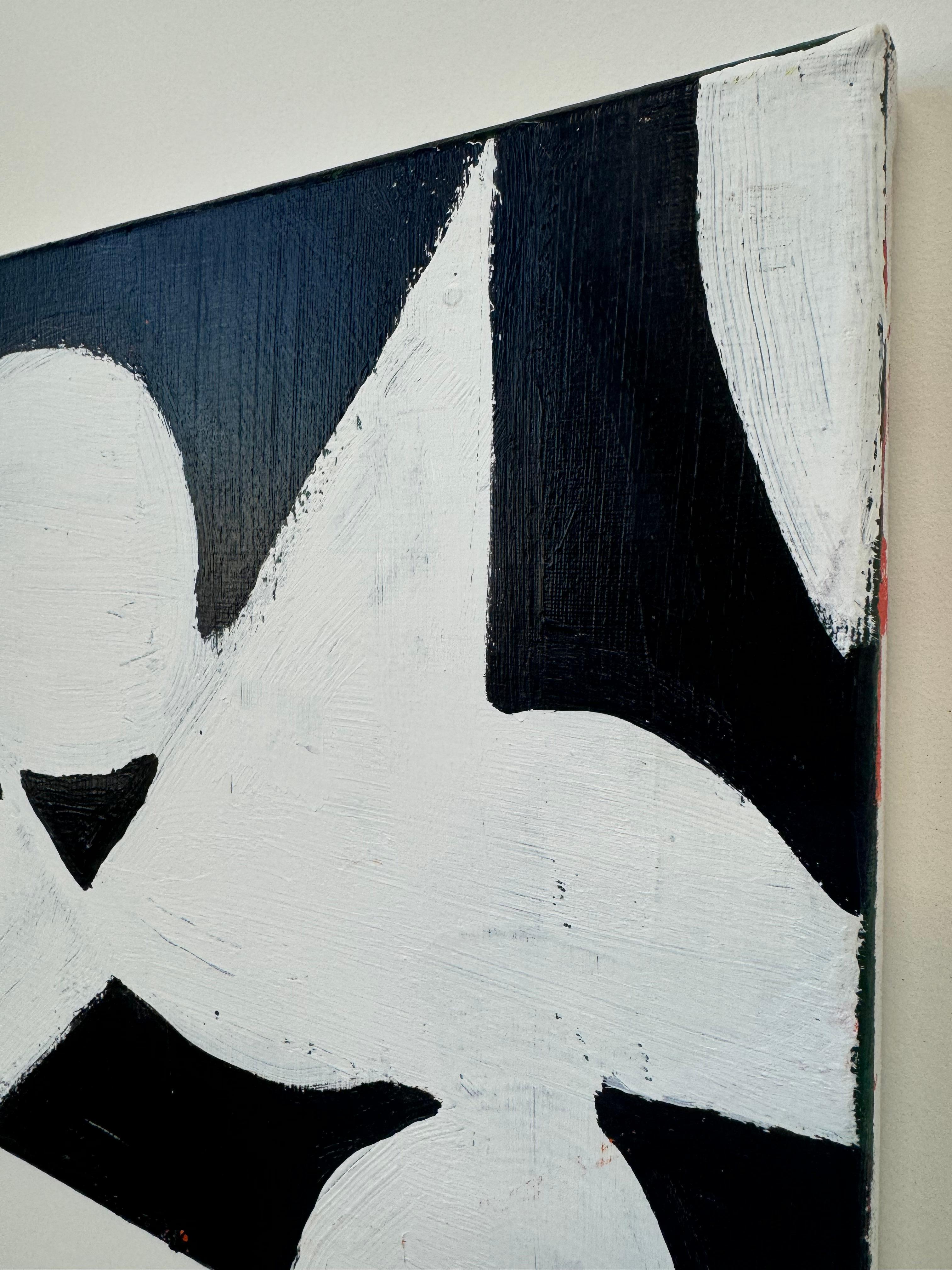 Cette œuvre d'art a été créée avec de la peinture acrylique sur toile, présentant un mélange de formes géométriques et organiques dans une palette noire et blanche saisissante. La composition a été soigneusement affinée en retravaillant les espaces