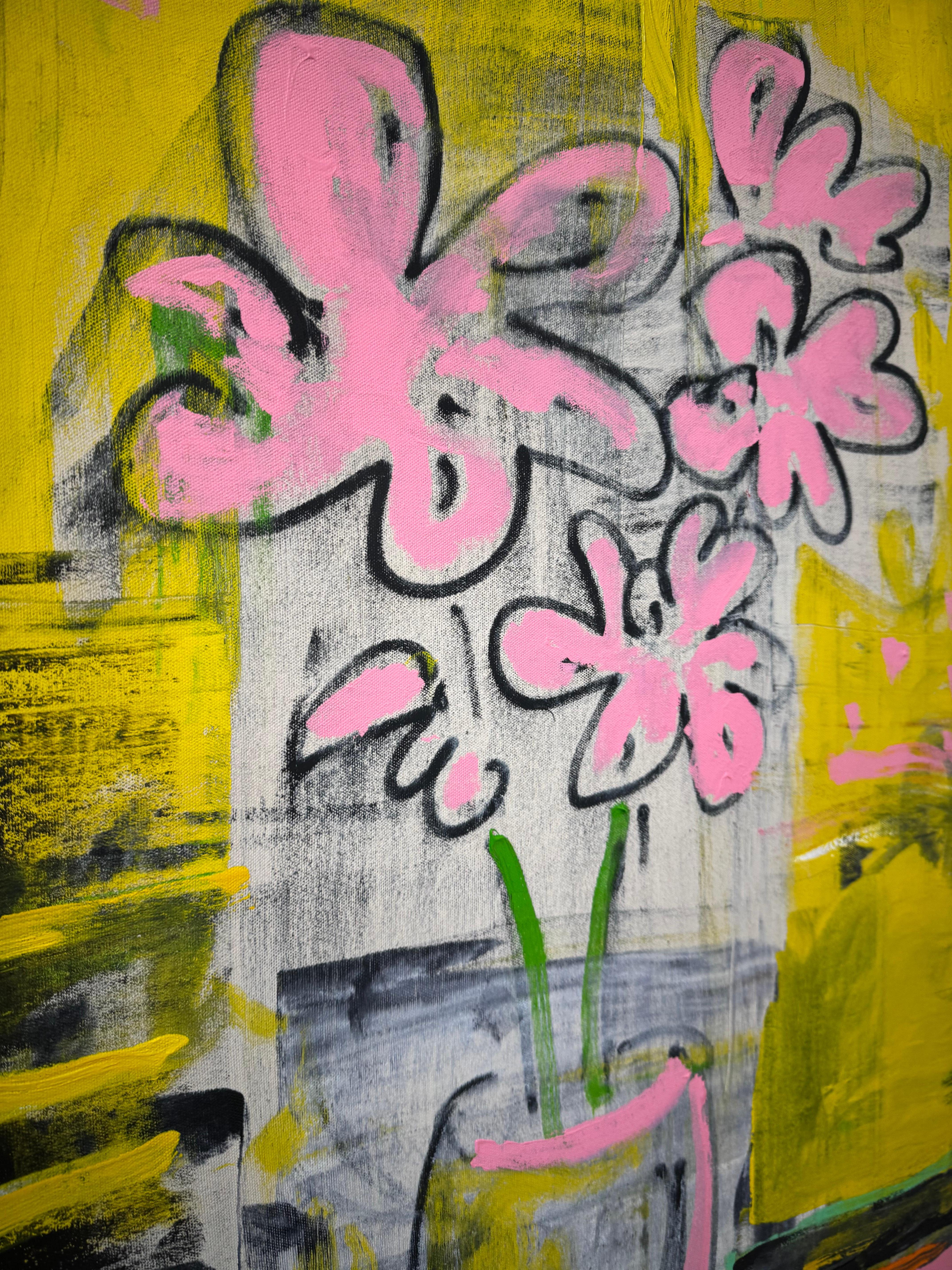 Blütenblätter und Streifen, Contemporary Still Life Painting im Angebot 1