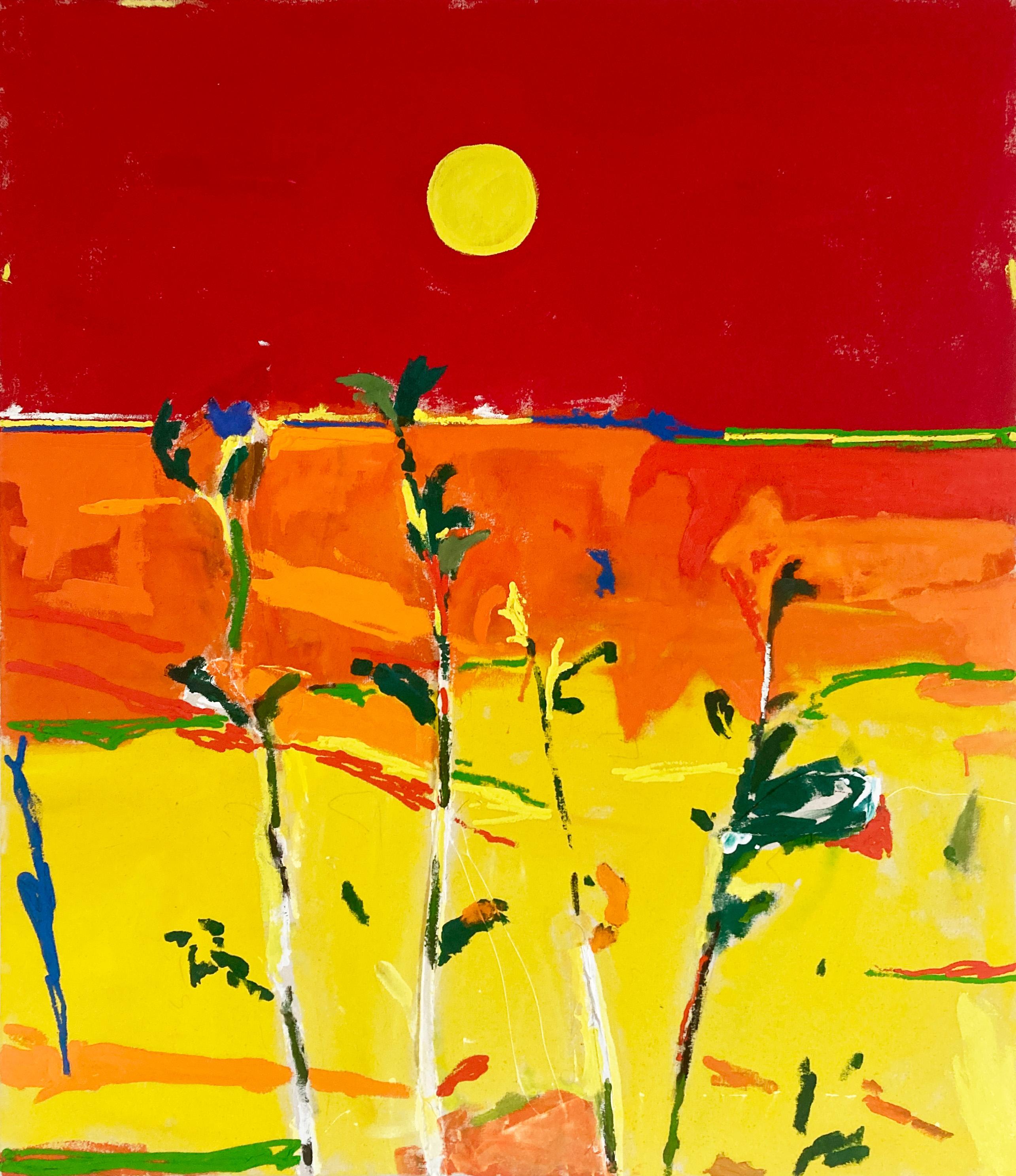 Scorched shows and intensely heated landscape with the sun hovering overhead. Plant life struggles to stay alive in this hot climate and the plants here are shown climbing towards the sun. Exploring themes of environmental change and global warming,