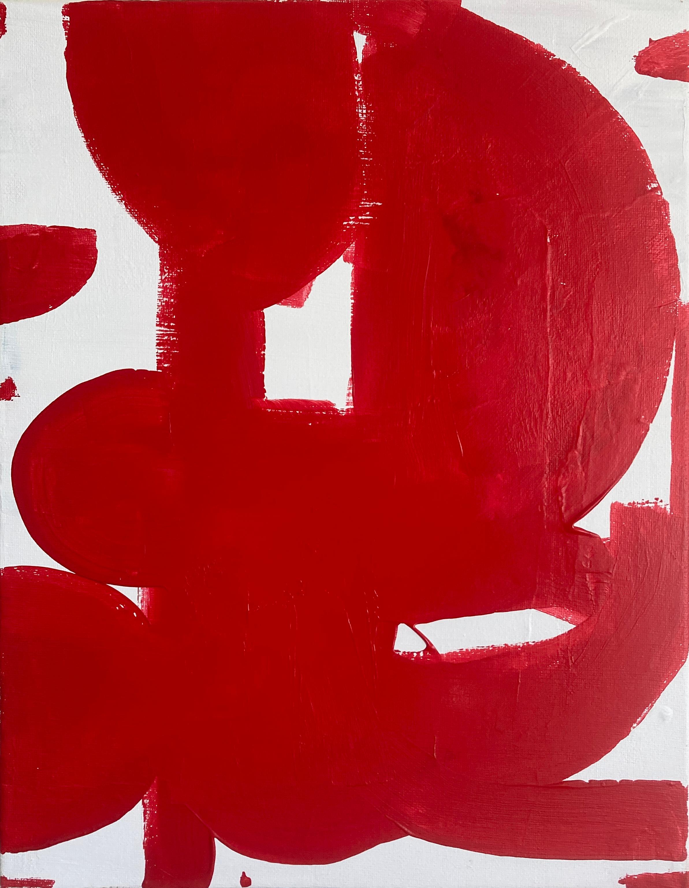 Shifting Spheres uses bold red semi glossy acrylic paint to create dynamic figure / ground relationships using a mostly rounded shapes. Painted using a brush and a rubber scraping tool, moments of chance and intention are explored throughout the