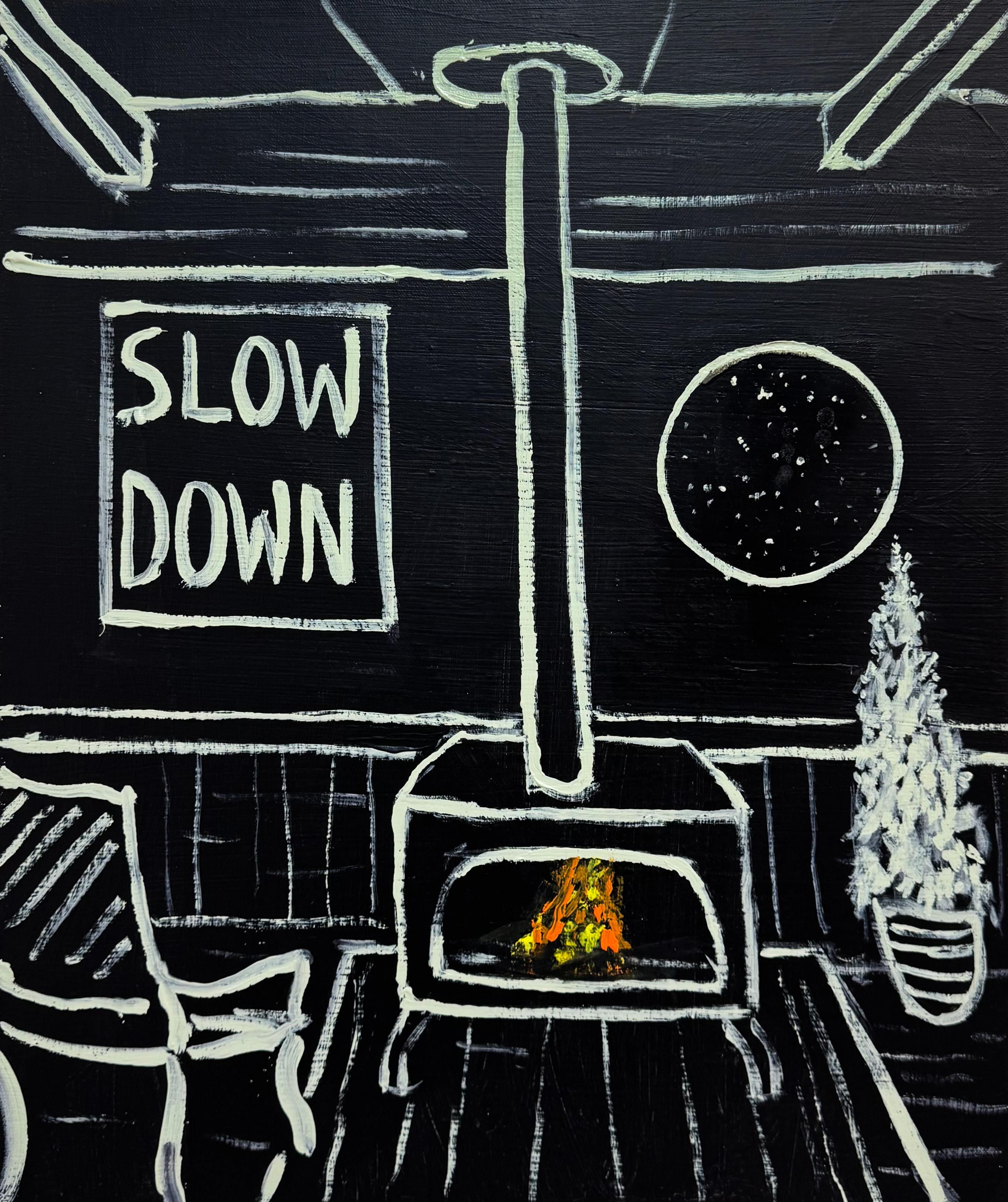 This painting is part of the Slow Down series, which began in 2021 and is still ongoing. It depicts a warm, inviting interior featuring a wood-burning stove, a chair, and various architectural elements. In the bottom left corner, a chair faces the
