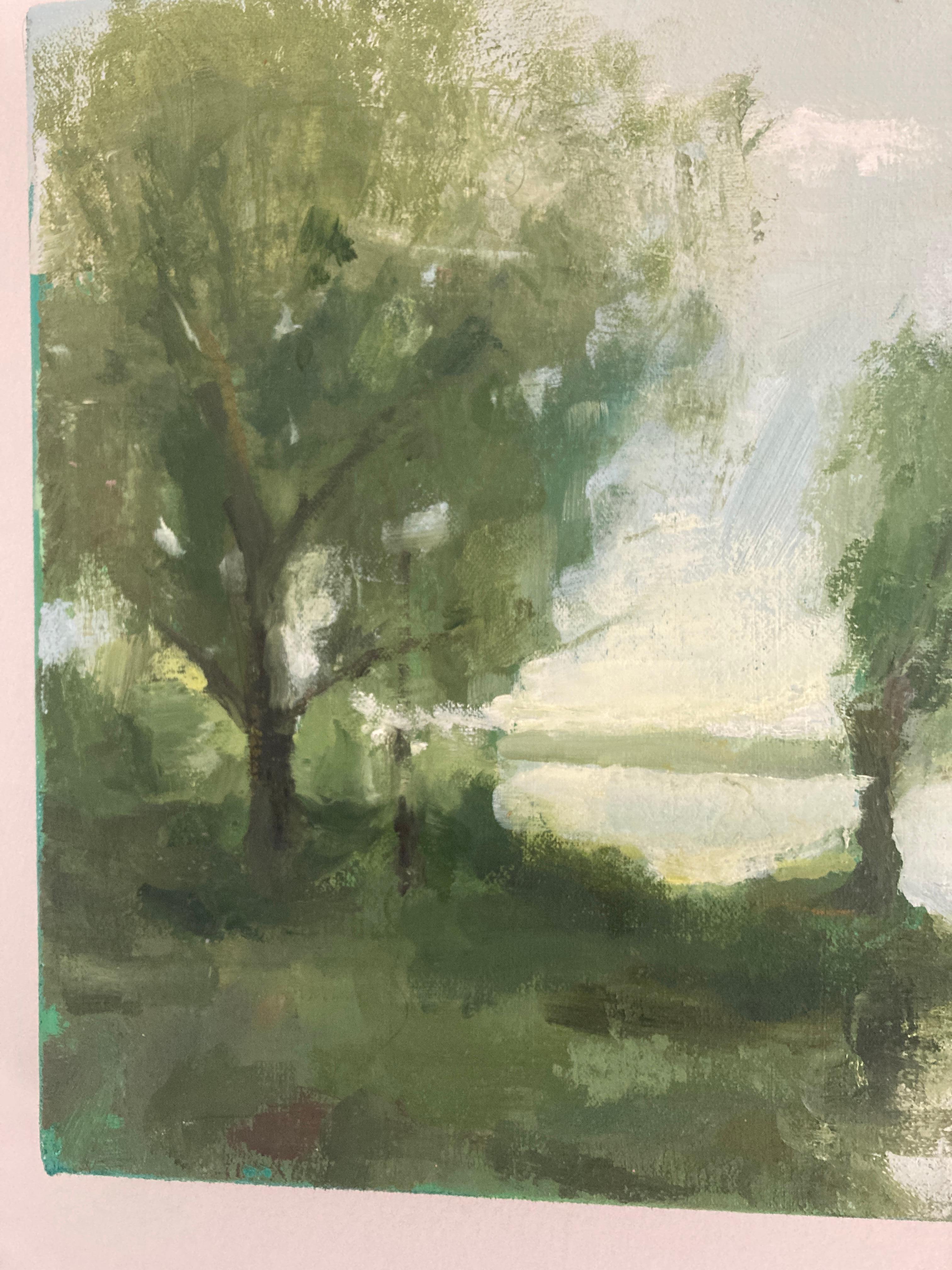 Although abstraction is where my work has gotten to now, I painted landscapes mostly in my early painting studies.  Corot was a big influence on my early landscapes and the way he captured the glow of sunset and dusk is incredible.  Here, I capture