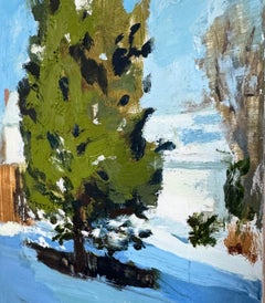 Abete di periferia, pittura di paesaggio ad olio contemporanea