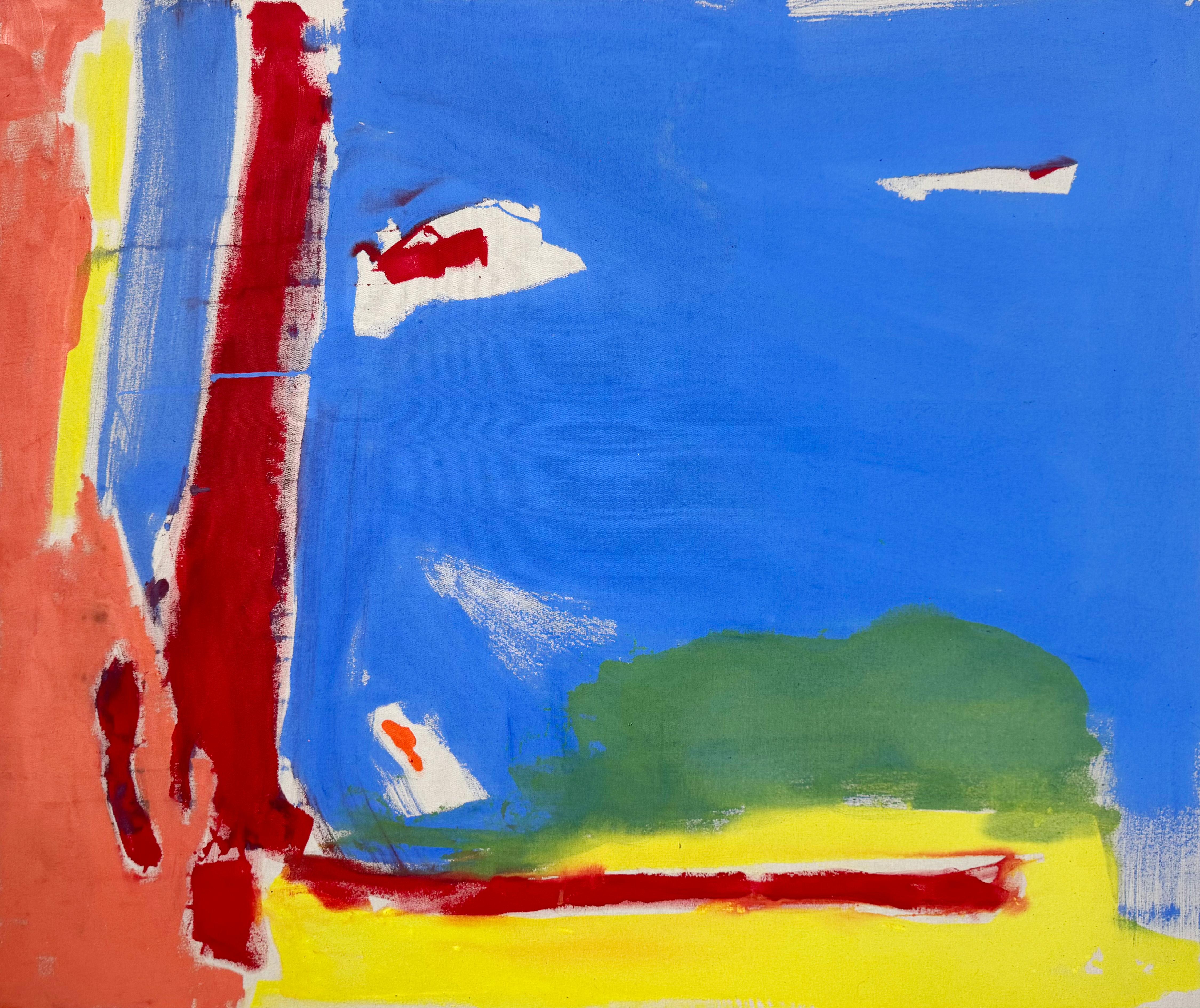Summer Horizon is a contemporary abstract landscape painting that uses acrylic paint to stain the canvas and form large areas of color and shape.  The open area of blue brings to mind sky or water, and the other surrounding organic shapes bring to