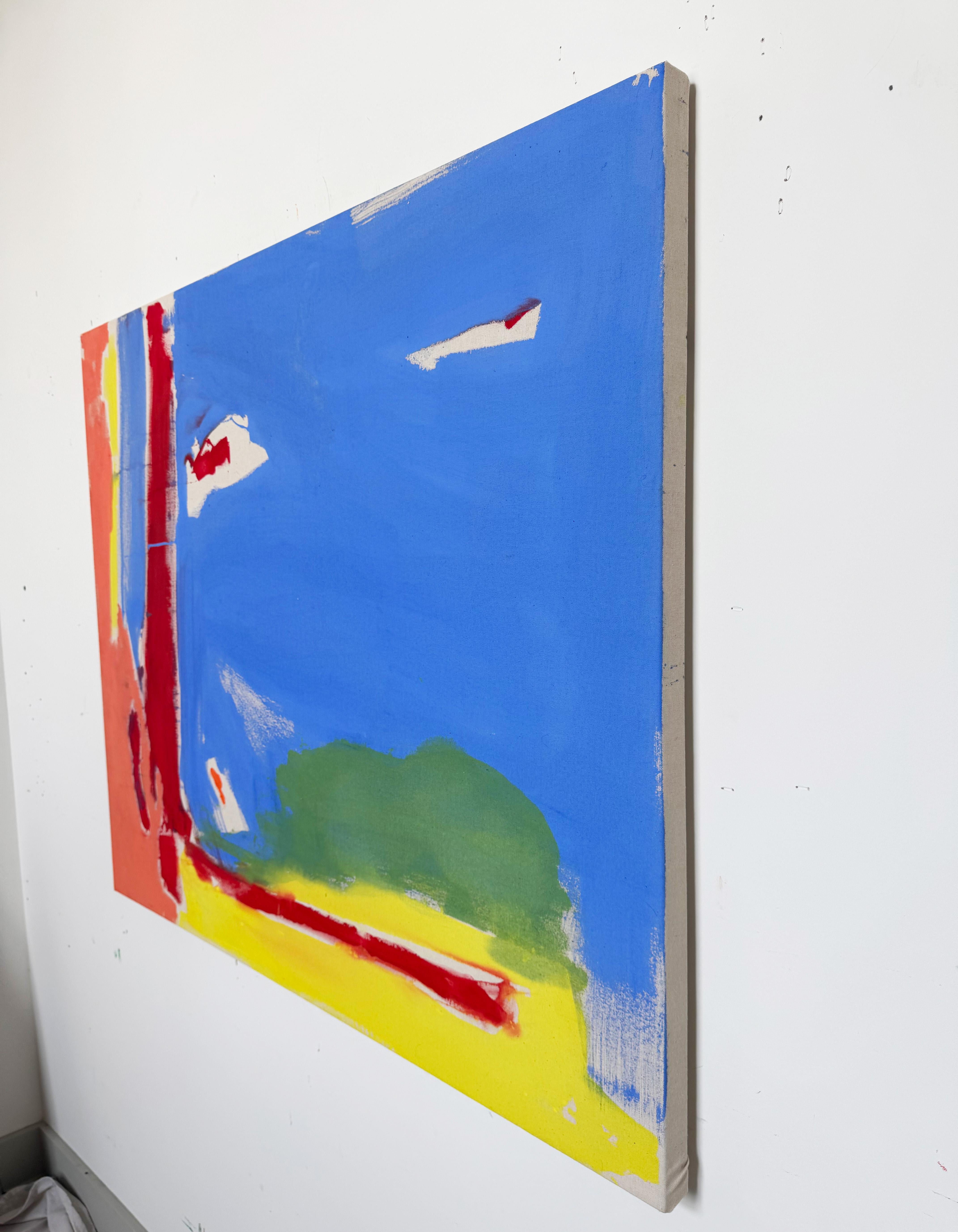 Summer Horizon is a contemporary abstract landscape painting that uses acrylic paint to stain the canvas and form large areas of color and shape.  The open area of blue brings to mind sky or water, and the other surrounding organic shapes bring to