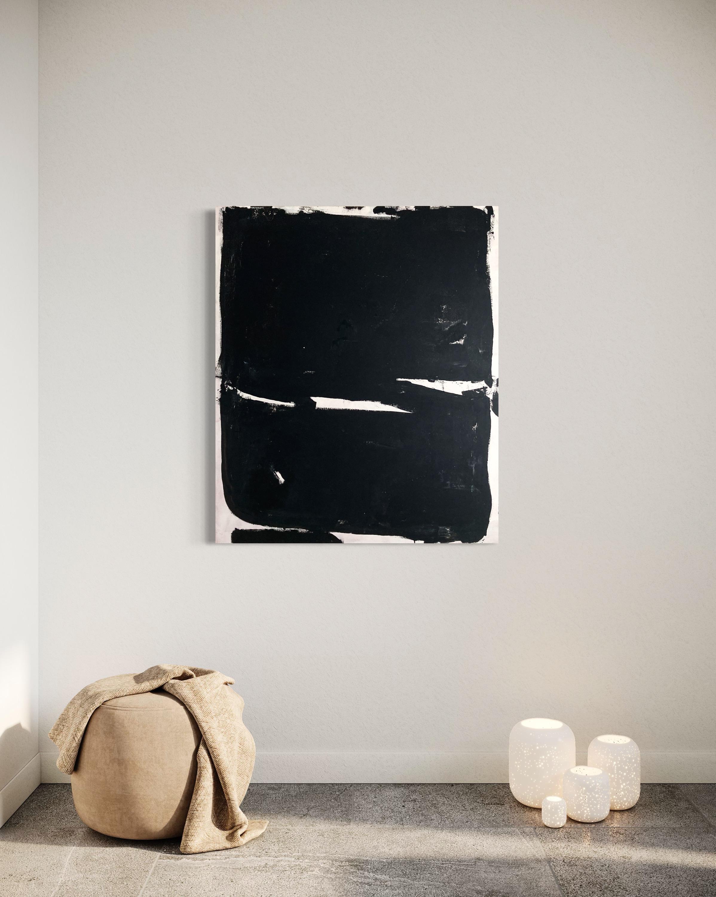 Triumph is an original contemporary acrylic on canvas painting that uses a restricted palette of black and white to create stark figure/ground contrast. Painted with sincere and focused energy the strength of the painting lies in its directness and