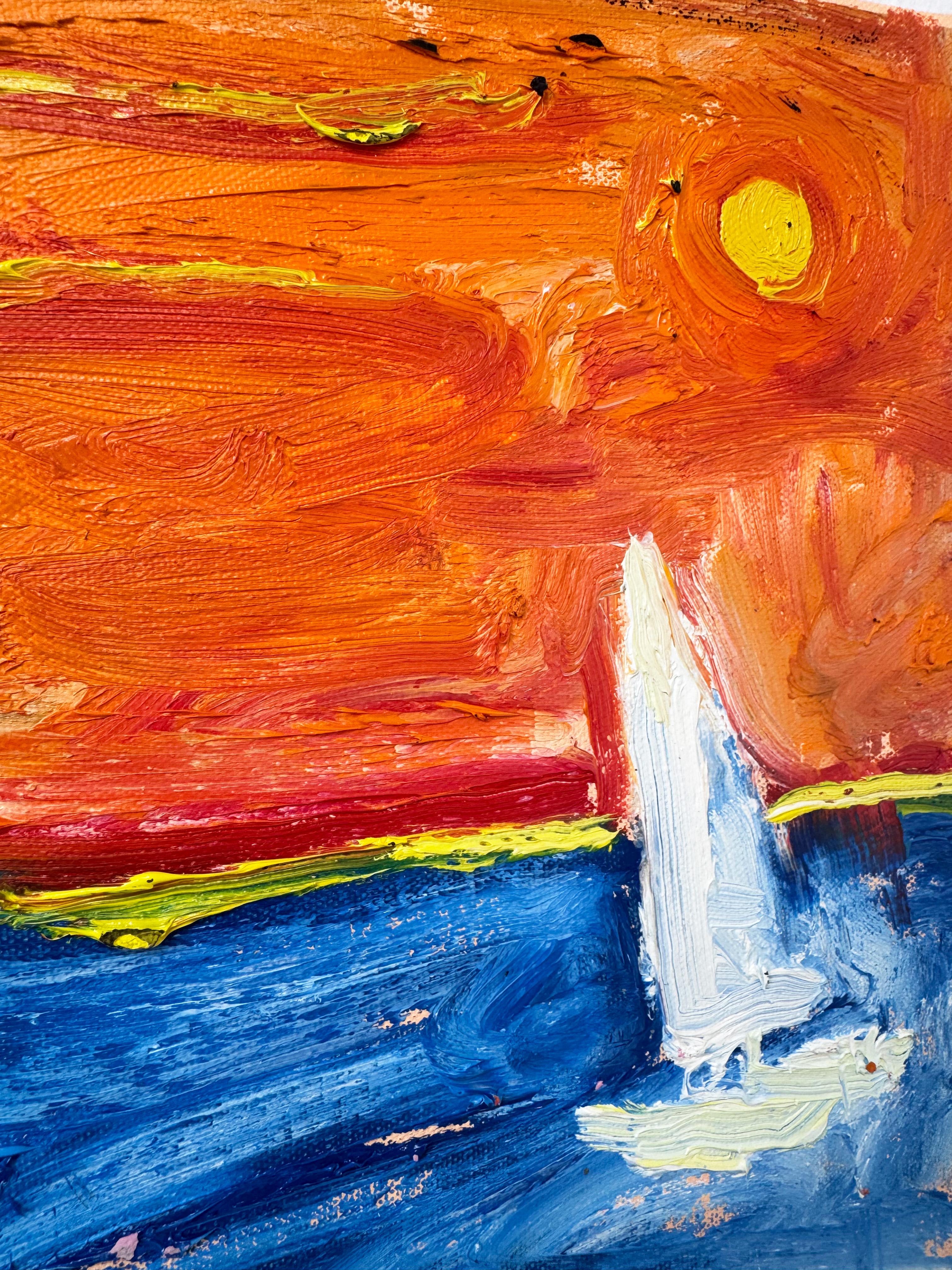 Zwei Segelboote, Zeitgenössische Landschaftsmalerei (Orange), Landscape Painting, von Matt Higgins
