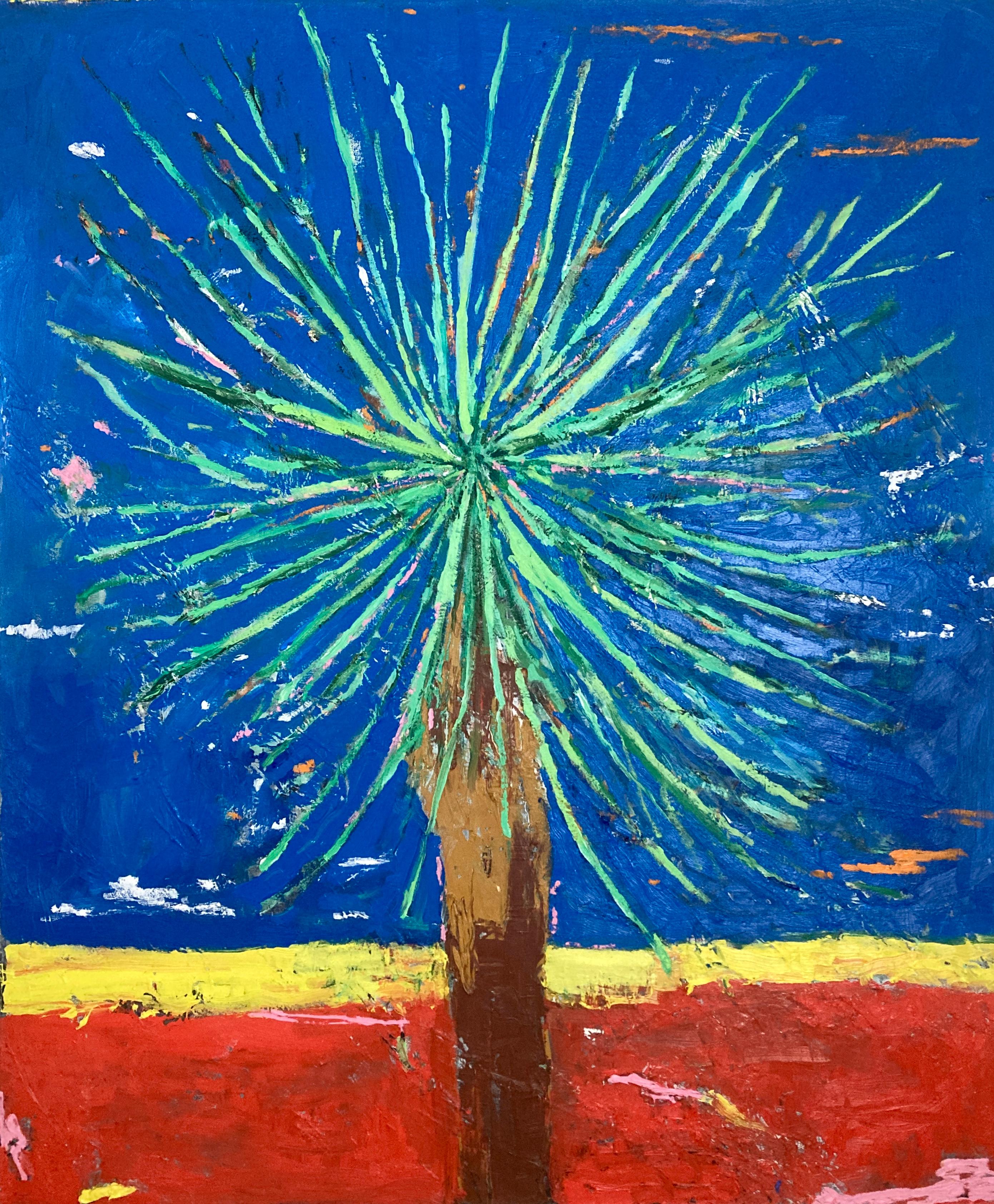 Untitled (Palm 2) is an oil on canvas painting that exudes a sense of joy, lightness, and radiance. The artwork features a prominently displayed palm plant as its central subject, rendered with bold primary colors and a heavily textured