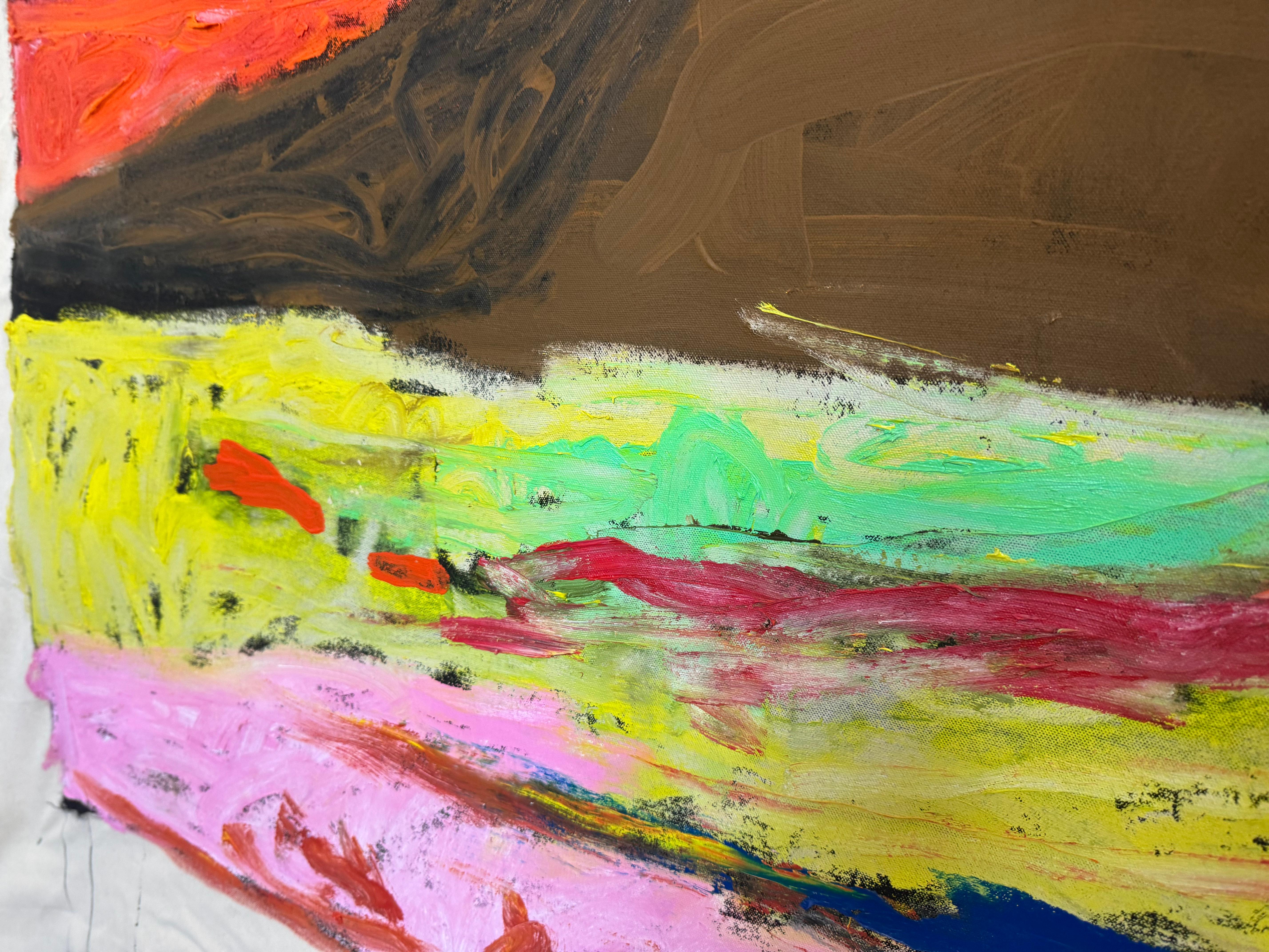 Este cuadro se creó utilizando capas de acrílico negro como telón de fondo, con atrevidas aplicaciones de pintura al óleo y barras de óleo trabajadas enérgicamente por toda la superficie. Representa un paisaje desolado que cobra vida a través de
