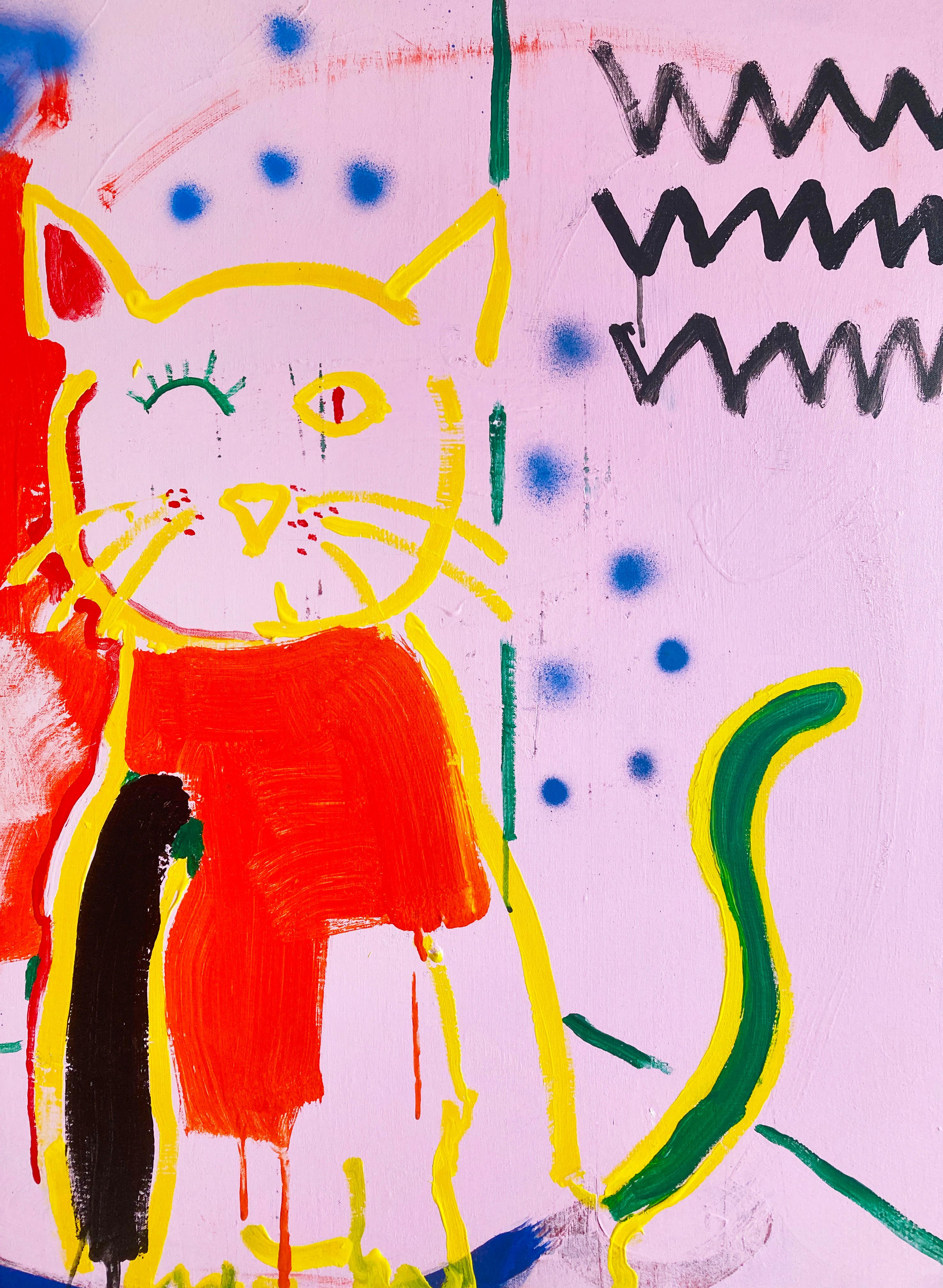 Winking Cat ist ein experimentelles Werk, das verschiedene Medien, abstrakte Formen, Andeutungen von Mustern und Gesten kombiniert.  Dieses Gemälde, ein Original des Künstlers, ist ein einzigartiges Projekt für Higgins und verleiht einem Raum ein