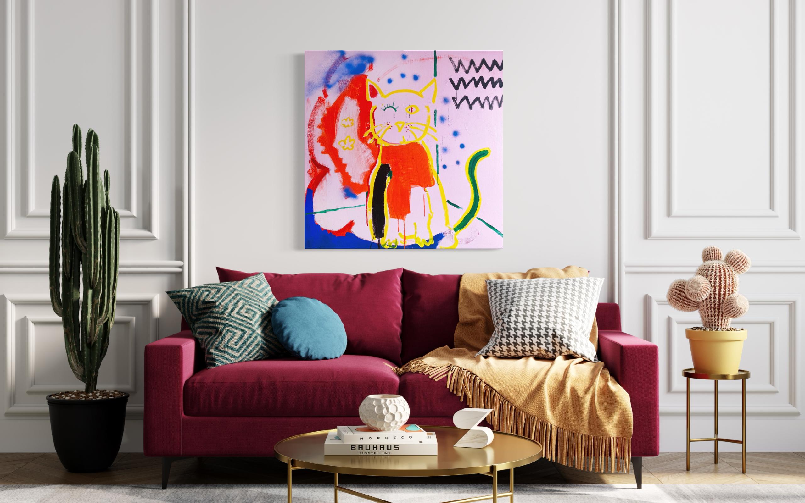 Winking Cat, is an experimental piece combining mixed medias, abstract forms, hints of pattern and gesture.  A one off, original by the artist, this painting is a unique venture for Higgins and brings a playful, energetic pop like feel to a space.