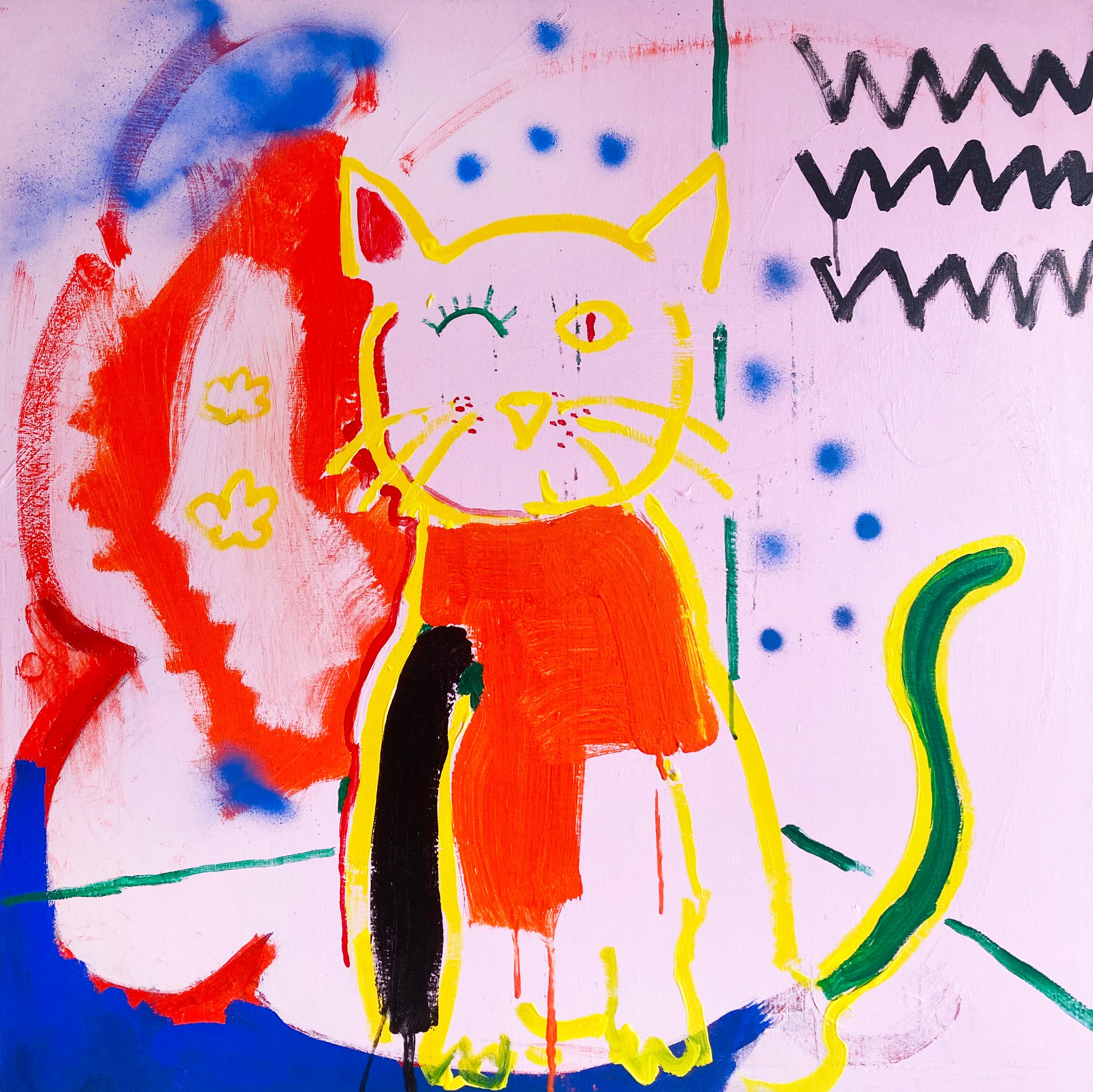 Matt Higgins Animal Painting – Zwinkernde Katze - Zeitgenössische Pop-Art-Malerei