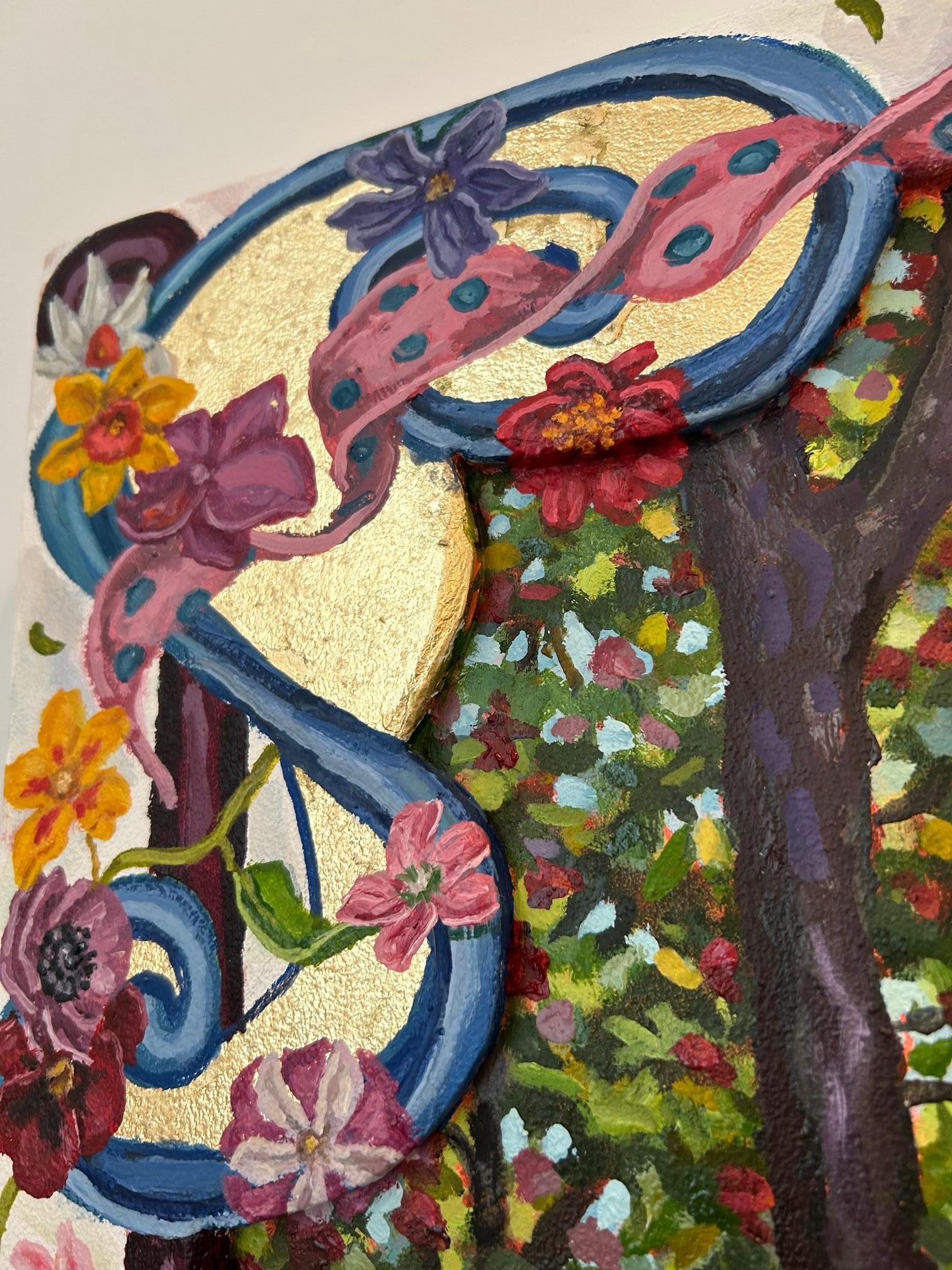 Represented by George Billis Gallery. The bold flowers and repeating geometric patterns in this series of paintings are lushly modeled in oil paint, and are coupled with the use of inlaid wood. Surrounding the colorful and whimsical bouquets and