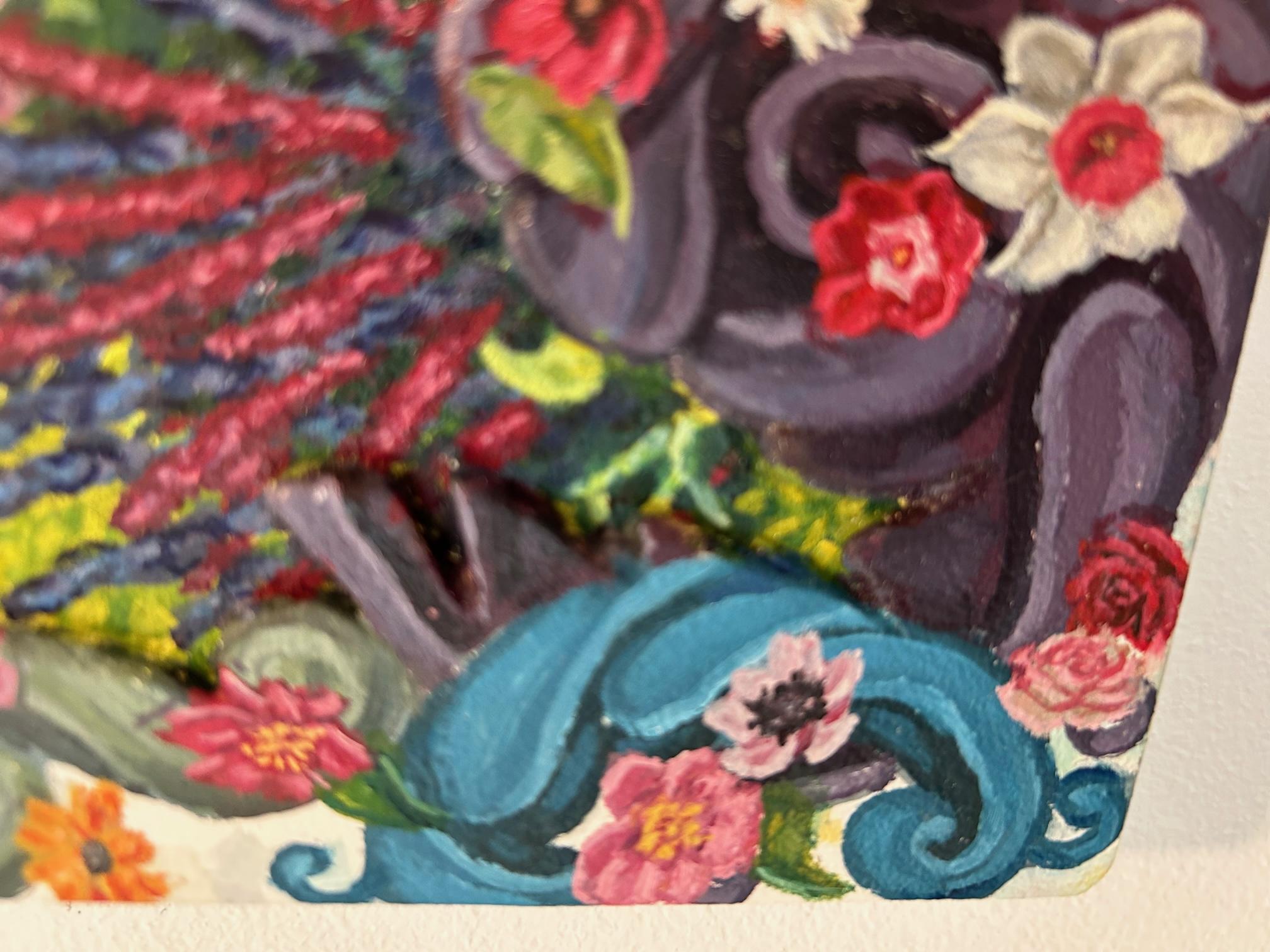 Rappresentato dalla George Billlis Gallery. I fiori audaci e i motivi geometrici ripetuti di questa serie di dipinti sono modellati in modo lussuoso con la pittura a olio e sono abbinati all'uso di legno intarsiato. Intorno ai bouquet e alle
