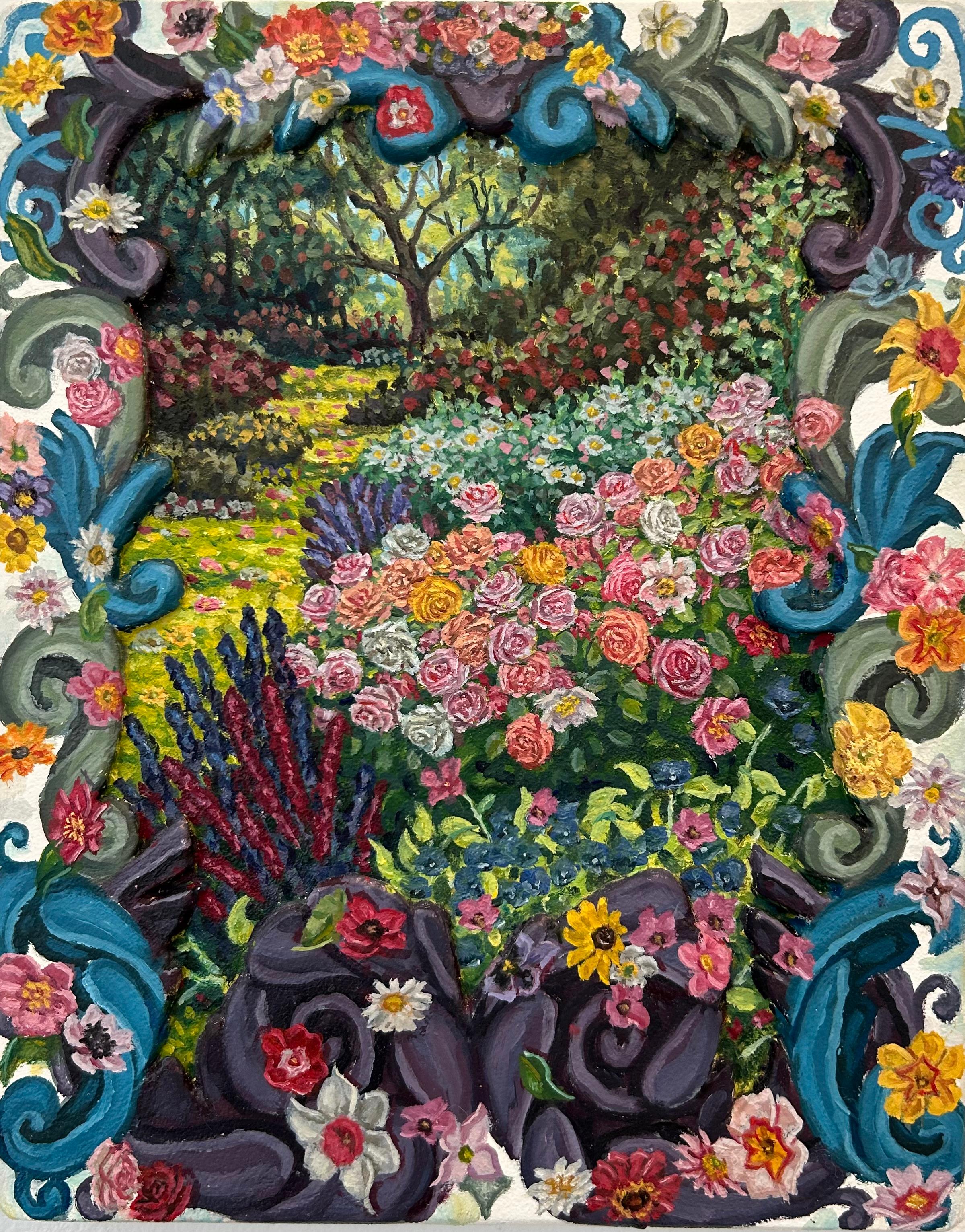 Landscape Painting di Matt Jacobs - Un giardino di rose immaginario