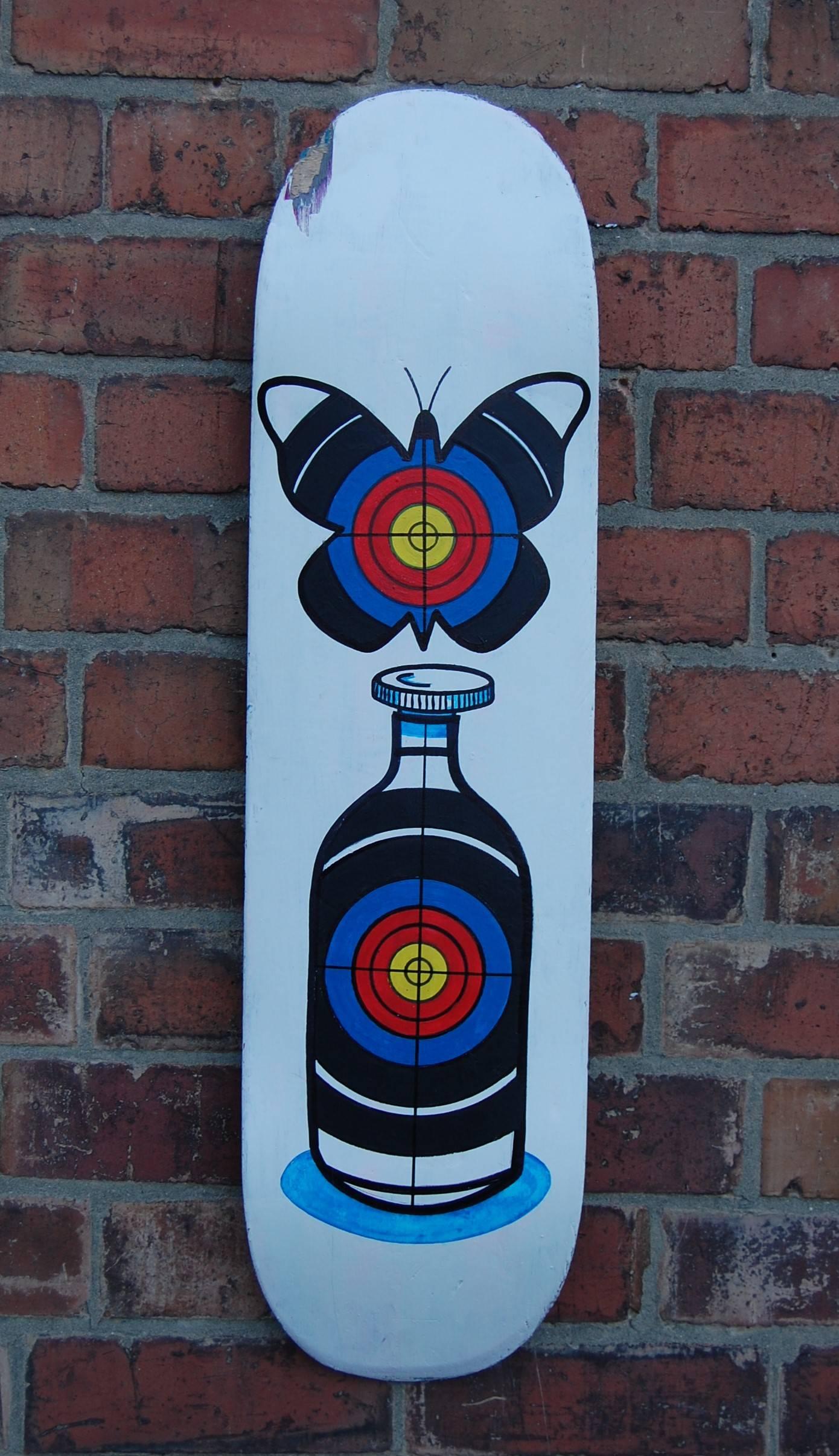 Target, skateboard deck, bottle, butterfly, vivid painting, contemporary, signed - Art by Matt Jordan