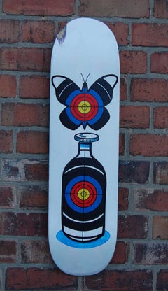 Target, skateboard deck, bottle, butterfly, vivid painting, contemporary, signed