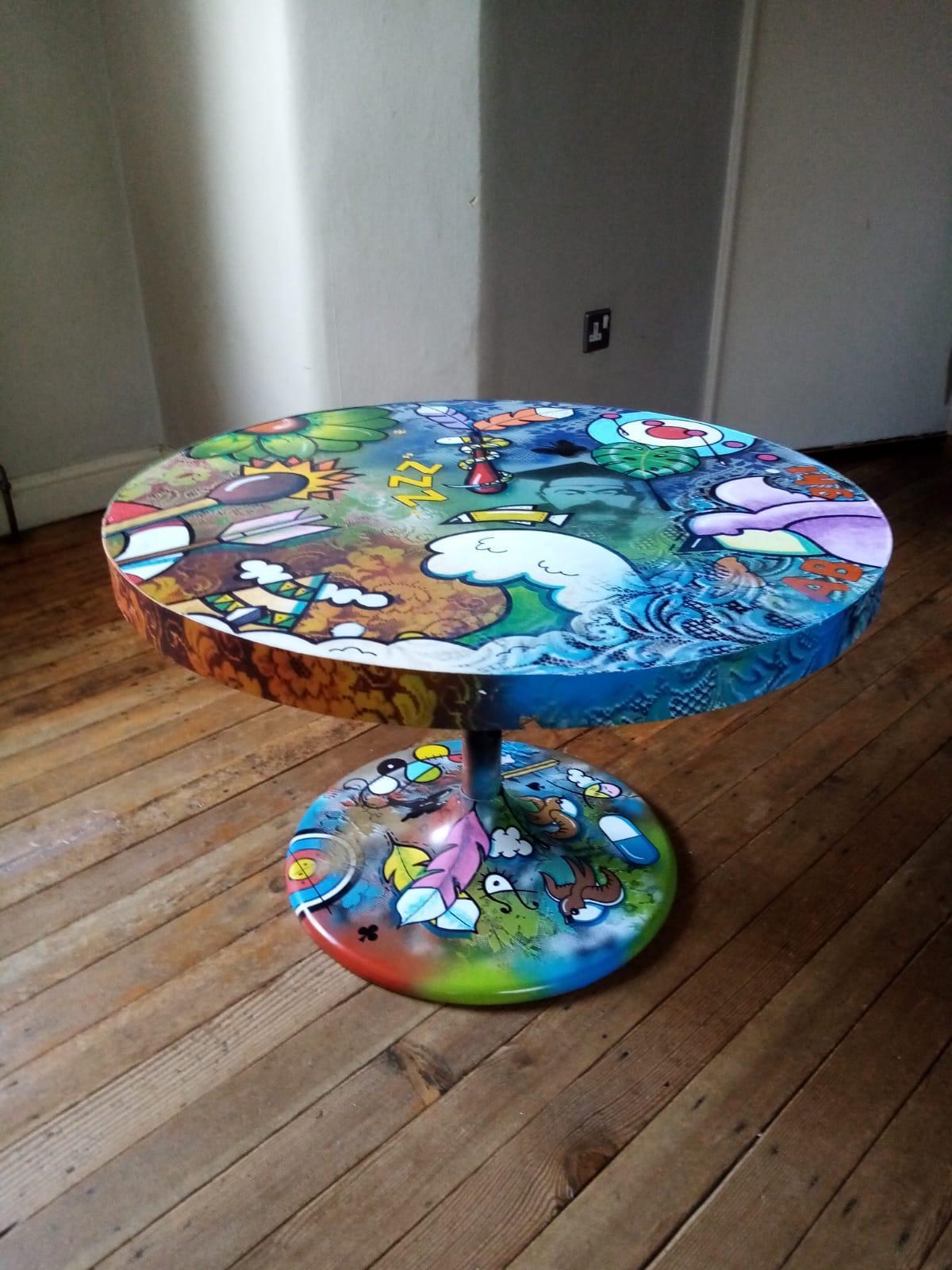Tea For Two art on a table acrylic paint on wood signed furniture interior - Art by Matt Jordan