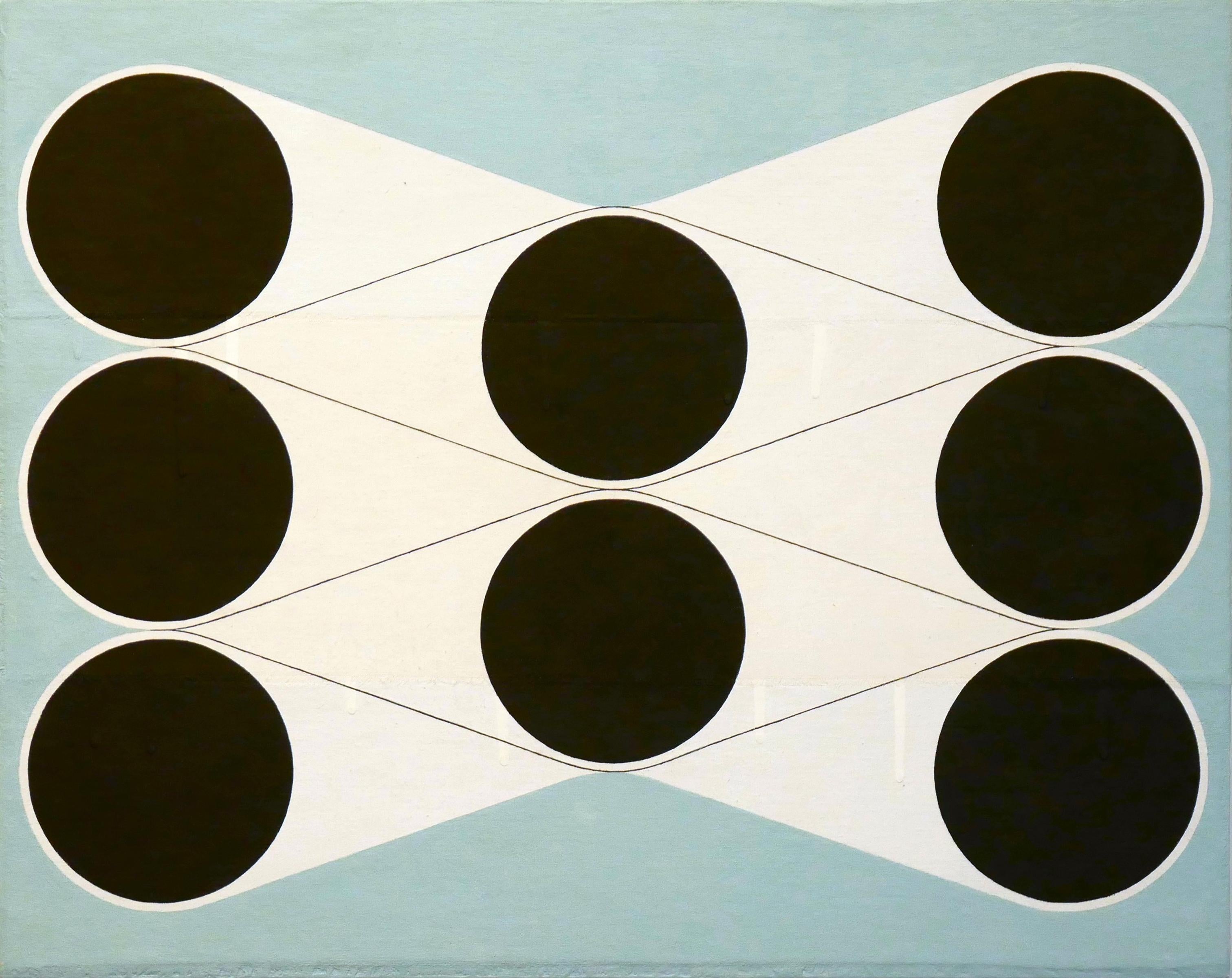 Abstract Painting di Matt Messinger - "Argus Cluster" Pittura contemporanea astratta folkloristica con motivo geometrico azzurro