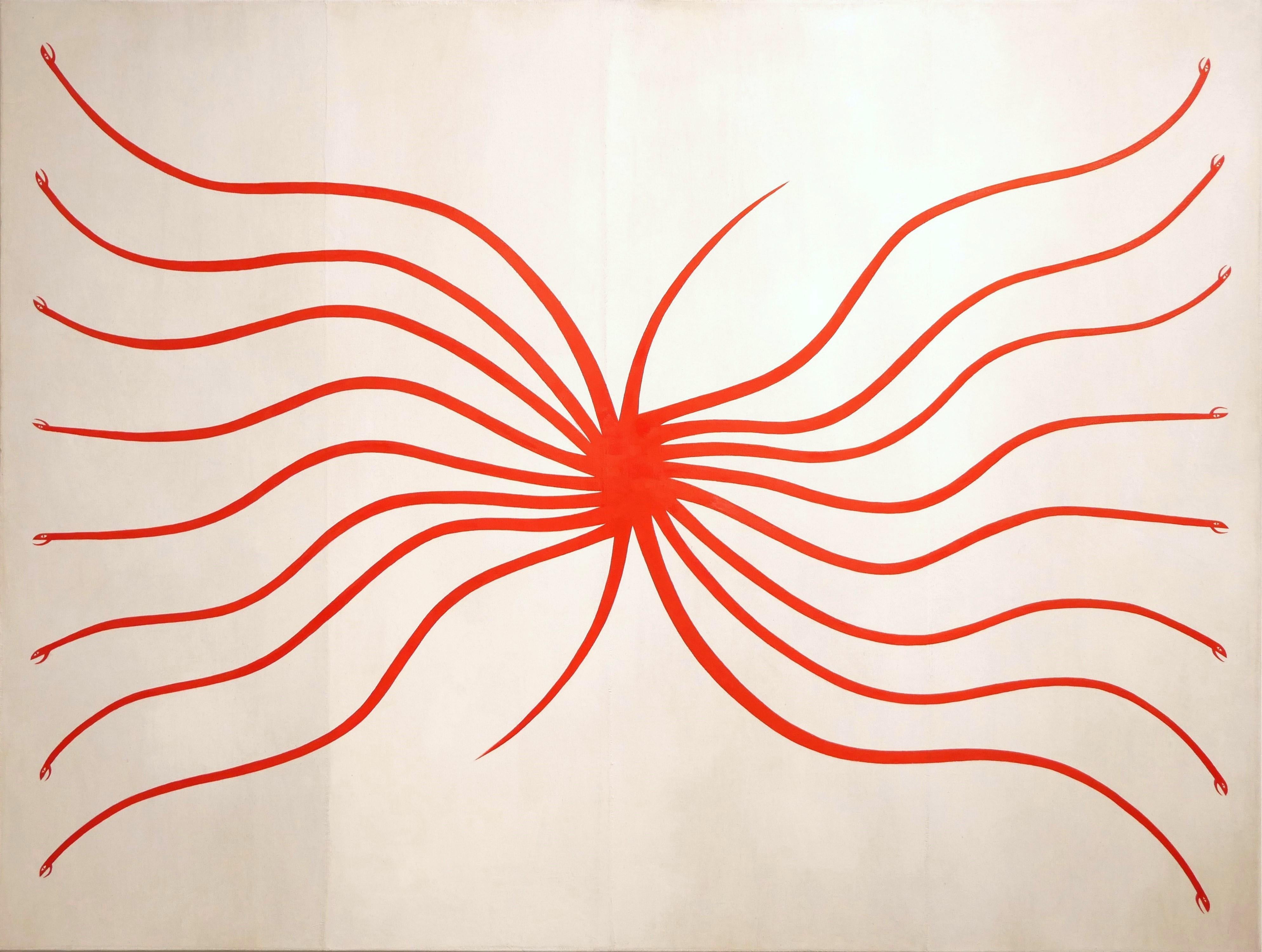 Matt Messinger Abstract Painting - "Red Hydra" Contemporary Folk Inspired Abstract Snake Pattern Painting
