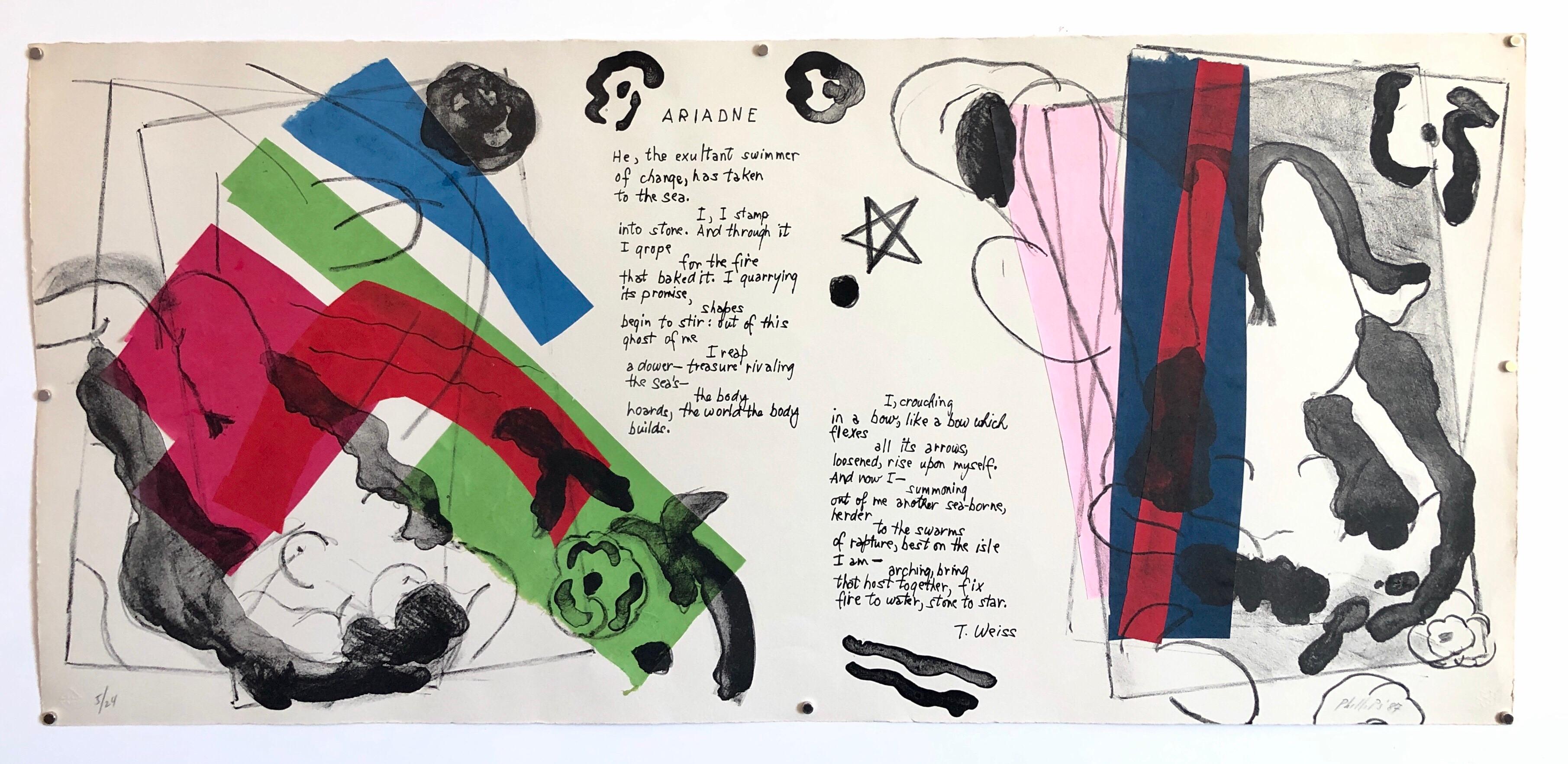 Arianna, poesia, stampa litografica a collage colorata astratta a tecnica mista in vendita 11