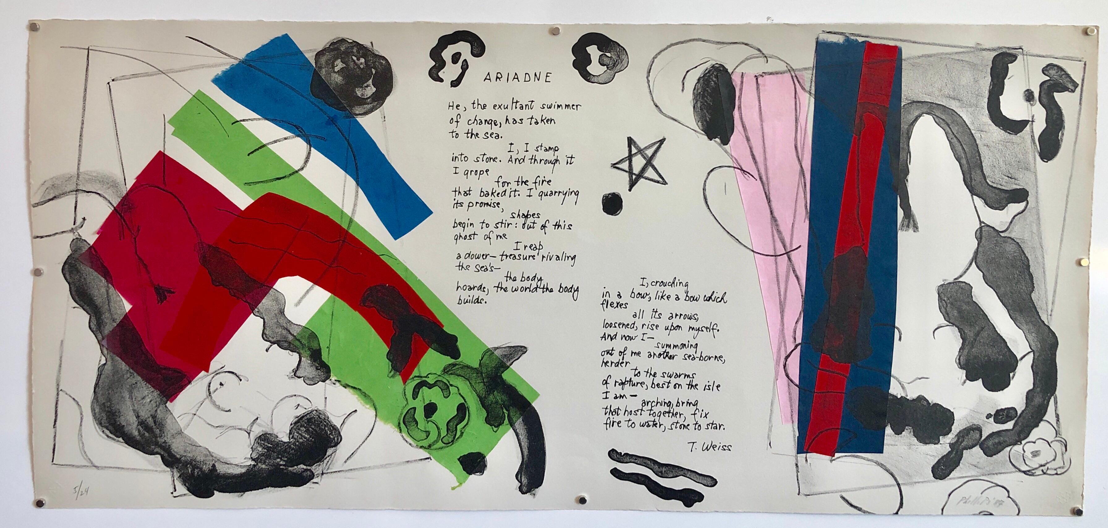 Arianna, poesia, stampa litografica a collage colorata astratta a tecnica mista in vendita 6