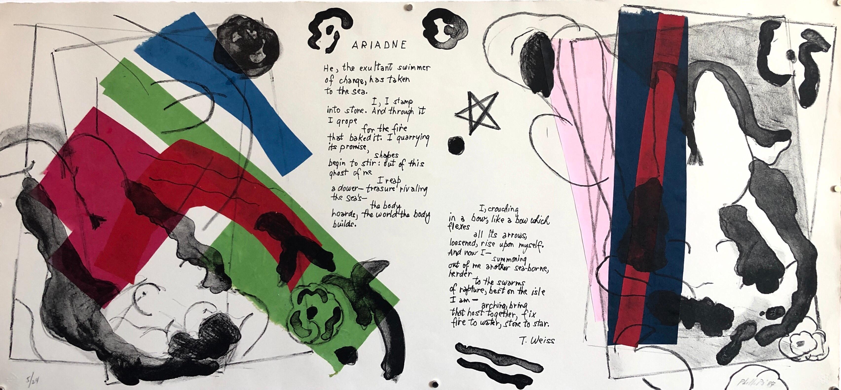 Ariadne, Gedicht, Mixed Media Abstrakter Modernistischer farbenfroher Collage Lithographiedruck – Mixed Media Art von Matt Phillips