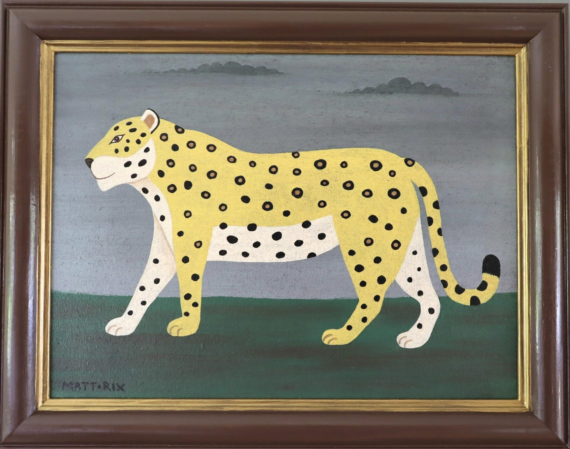 Zeitgenössisches britisches Tier-Ölgemälde im naiven Stil - Goldener Leopard