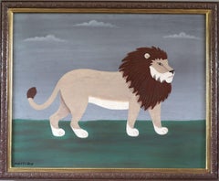 Contemporary British Naïve Style Animal Oil Painting - Majestic Lion