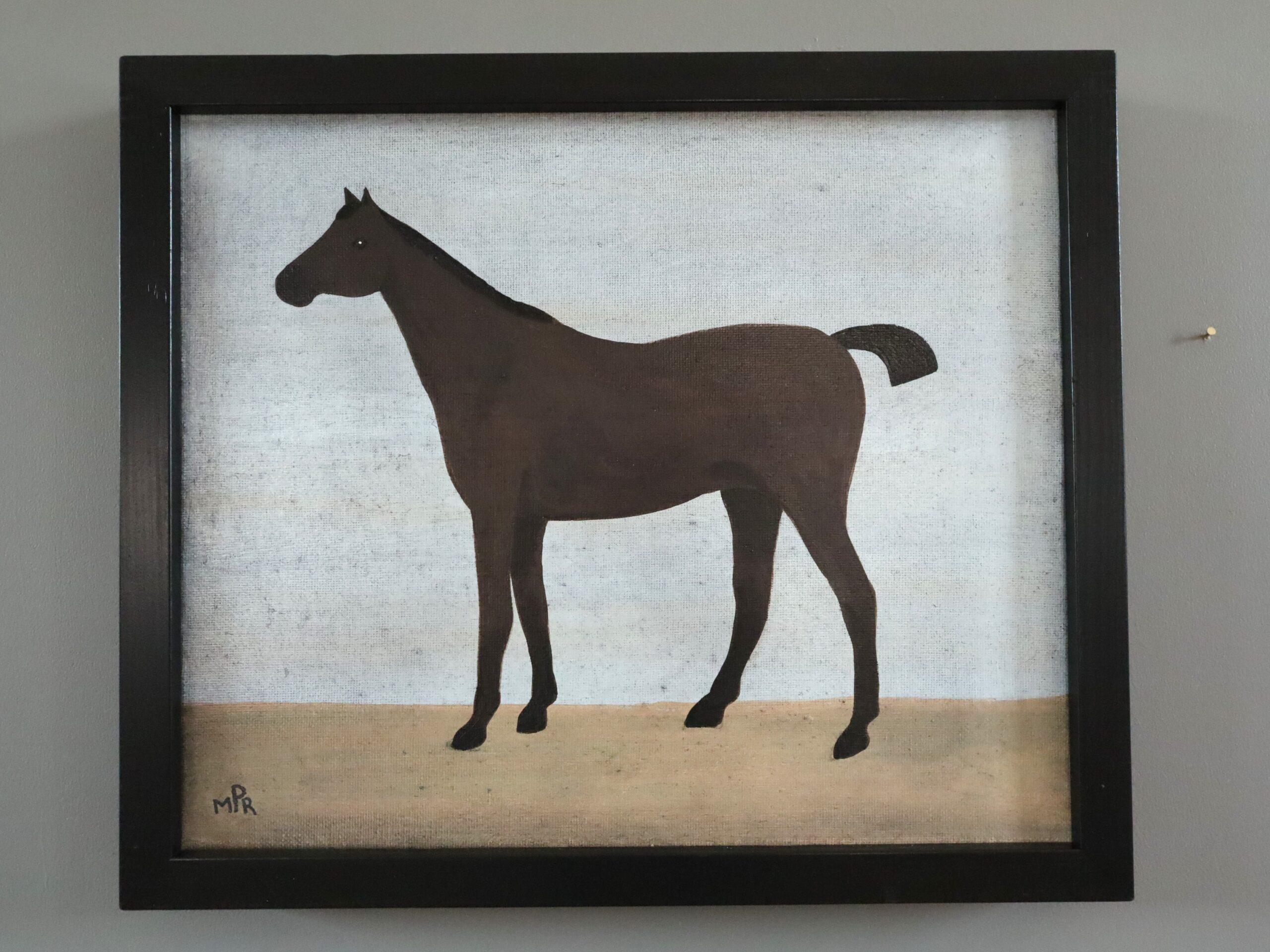 Contemporary Mini Original Naïve Style Animal Oil Painting - Brown Horse - Gray Animal Painting by Matt Rix