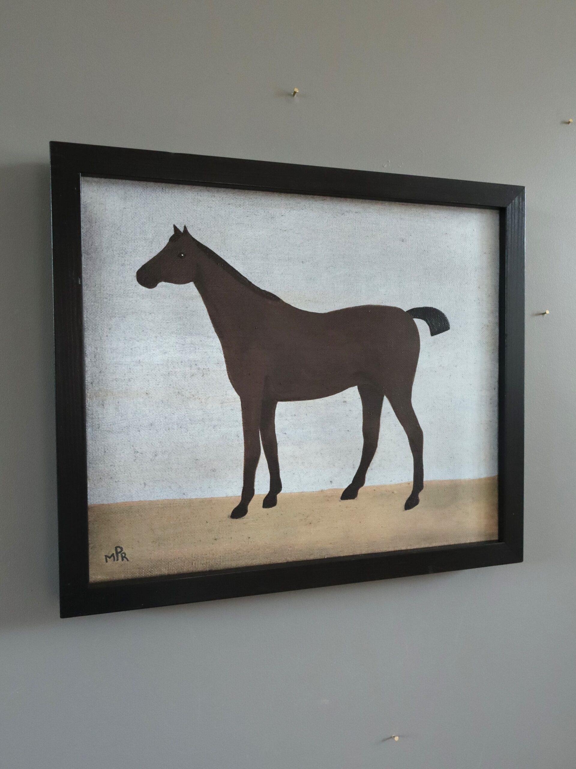 Brown Horse
Size: 18 x 33 cm (including frame)
Oil on panel

A small and engaging  animal composition , painted in a naïve style in oil onto panel, by British artist Matt Rix.

This painting features a stylised brown horse standing on a sandy or