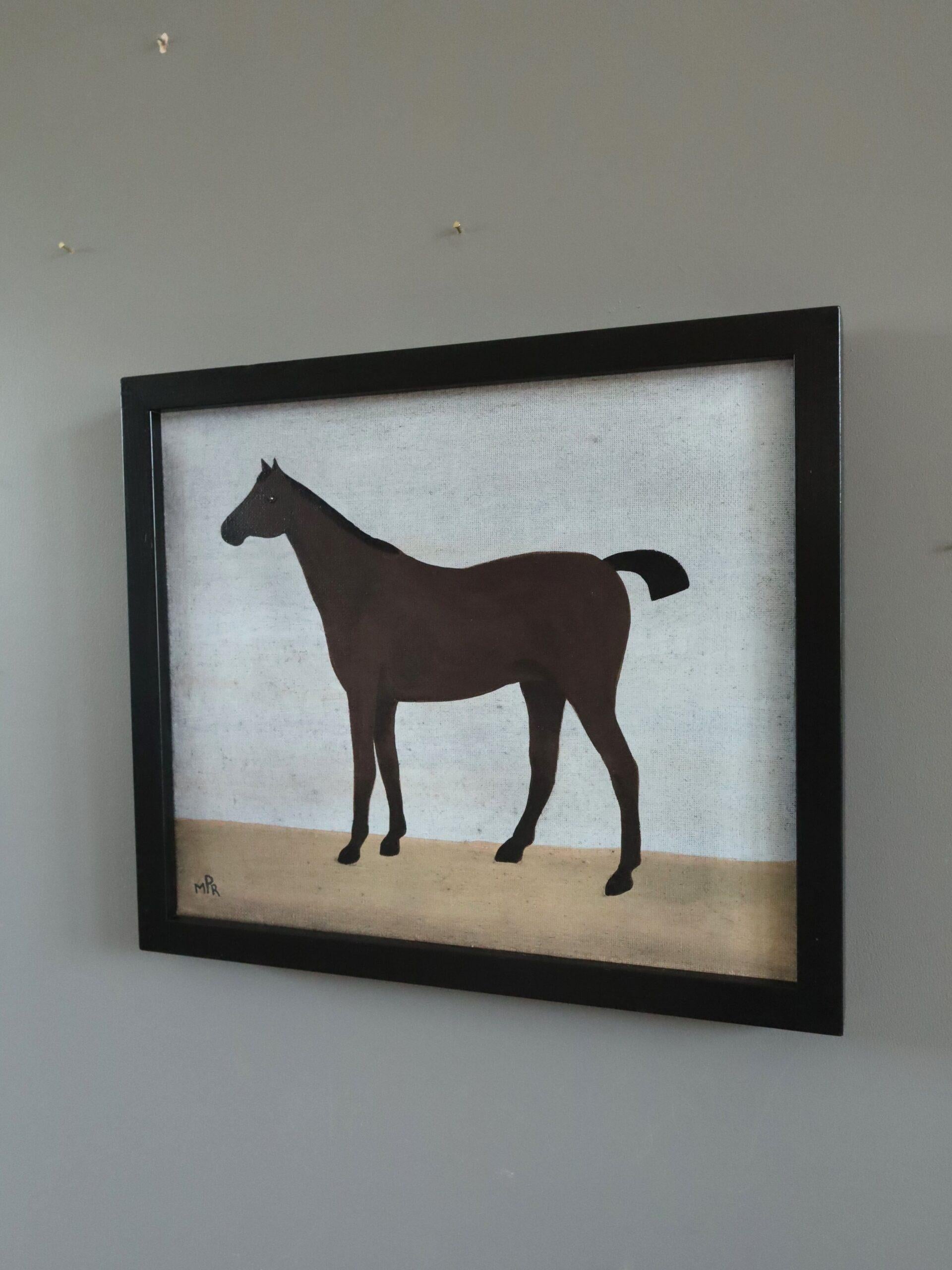 Contemporary Mini Original Naïve Style Animal Oil Painting - Brown Horse For Sale 1