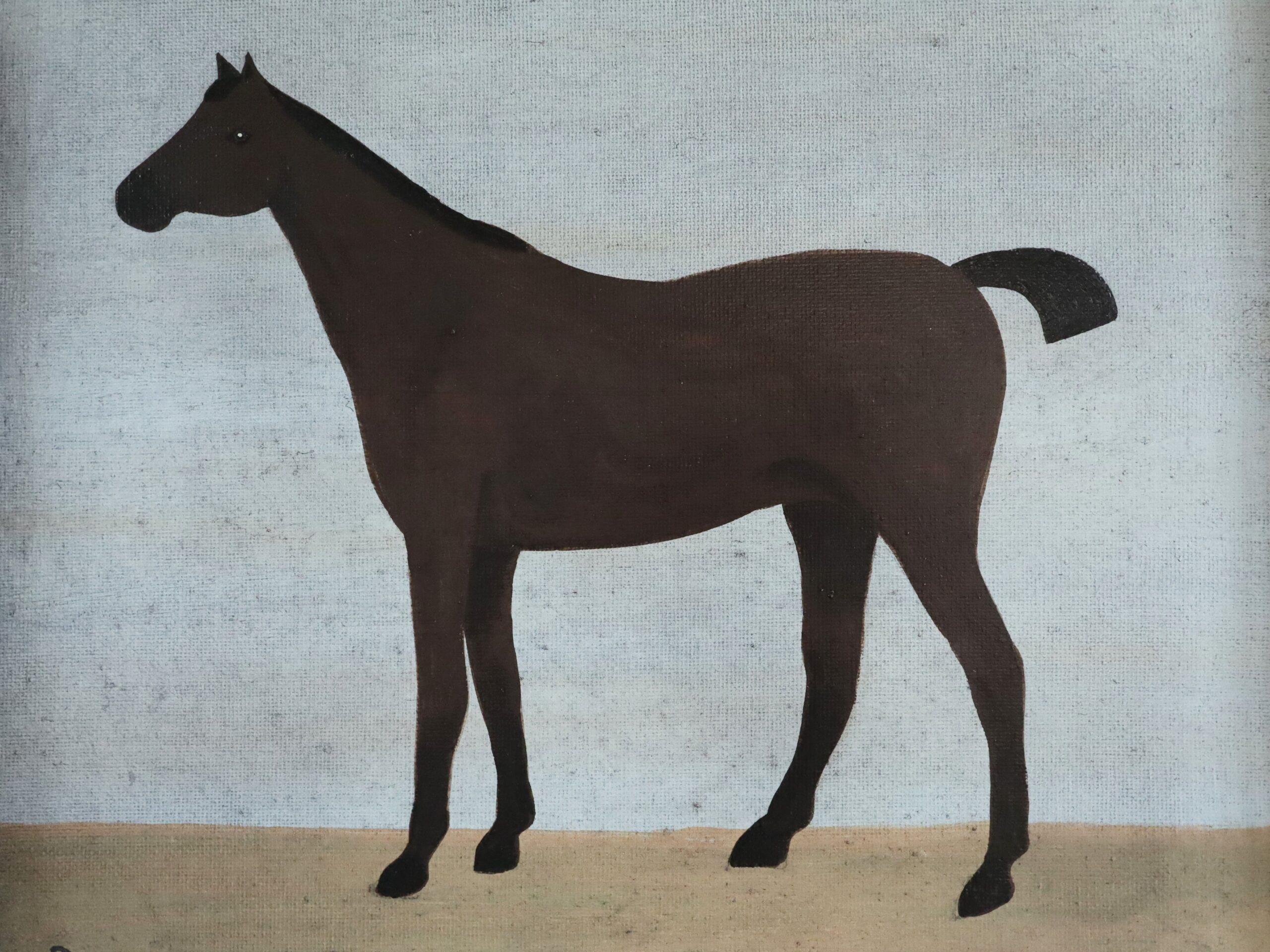 Contemporary Mini Original Naïve Style Animal Oil Painting - Brown Horse For Sale 4