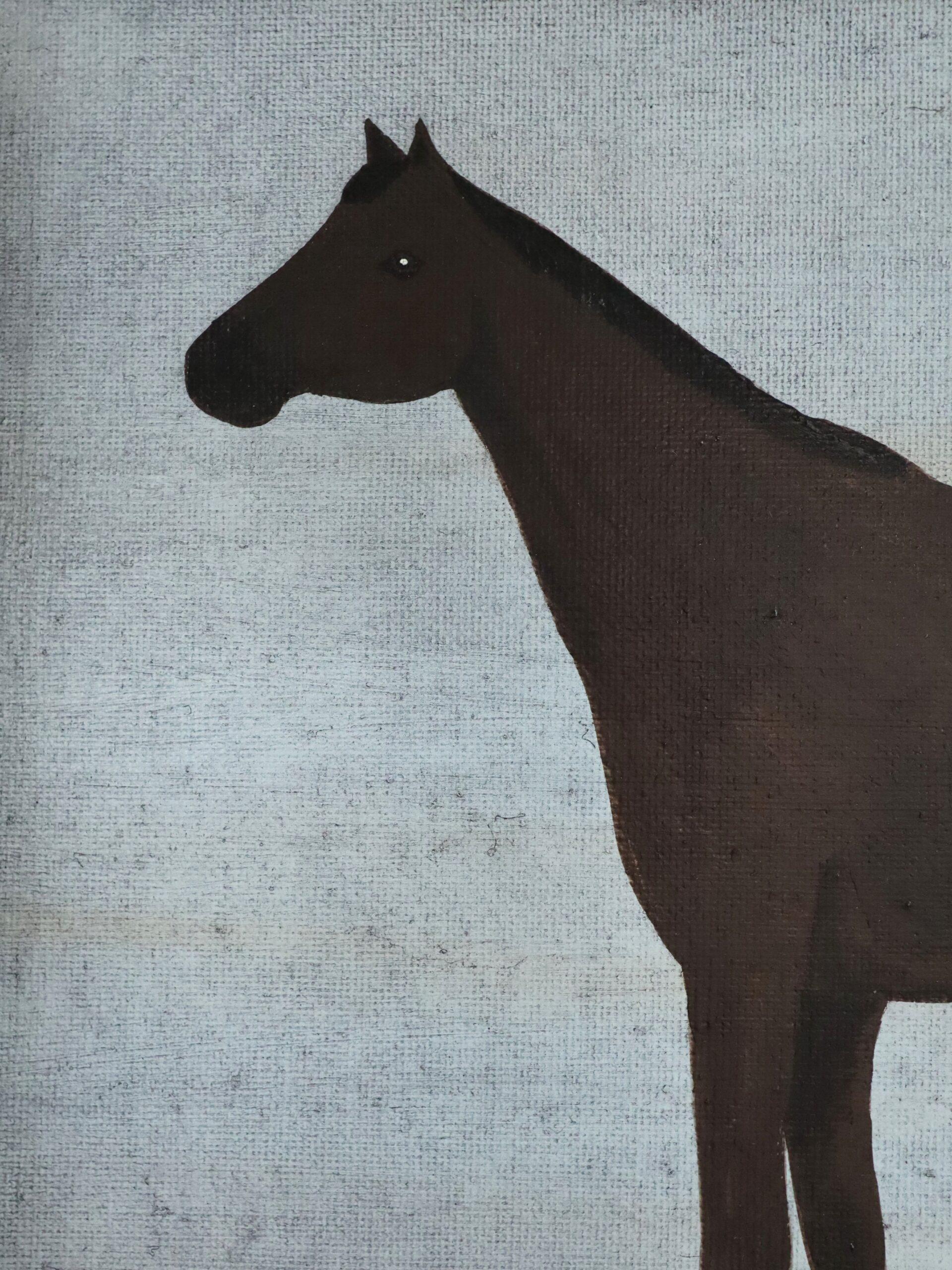 Contemporary Mini Original Naïve Style Animal Oil Painting - Brown Horse For Sale 5