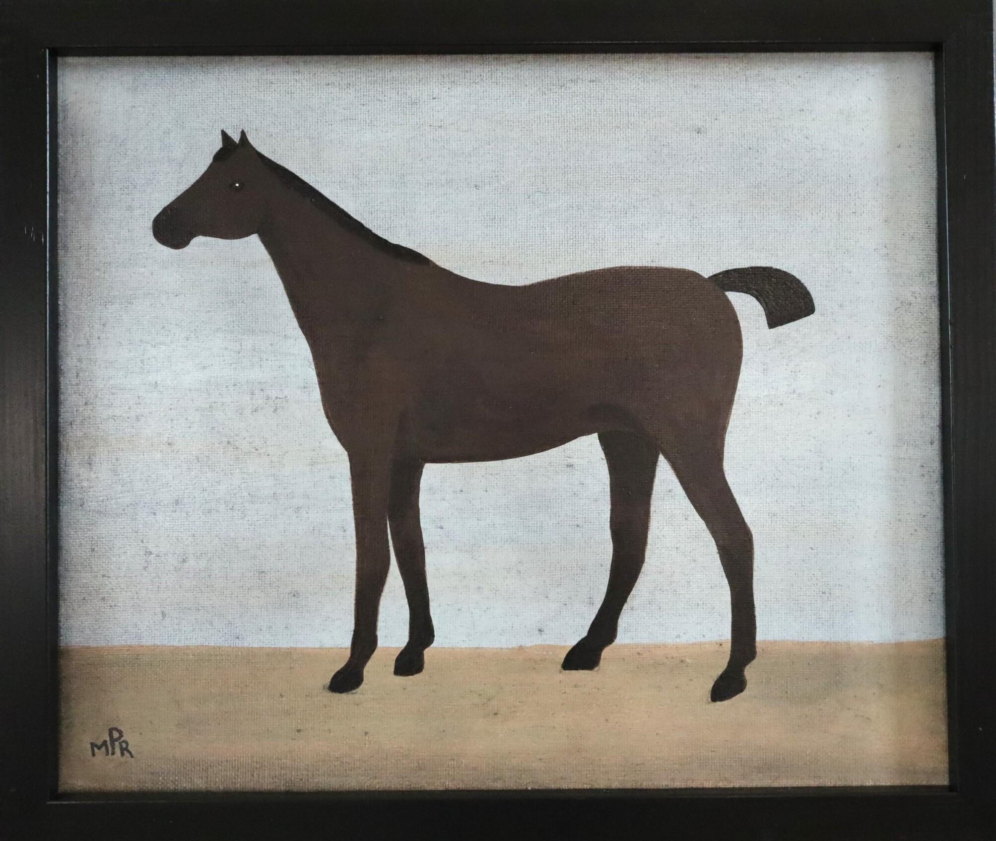 Matt Rix Animal Painting - Contemporary Mini Original Naïve Style Animal Oil Painting - Brown Horse