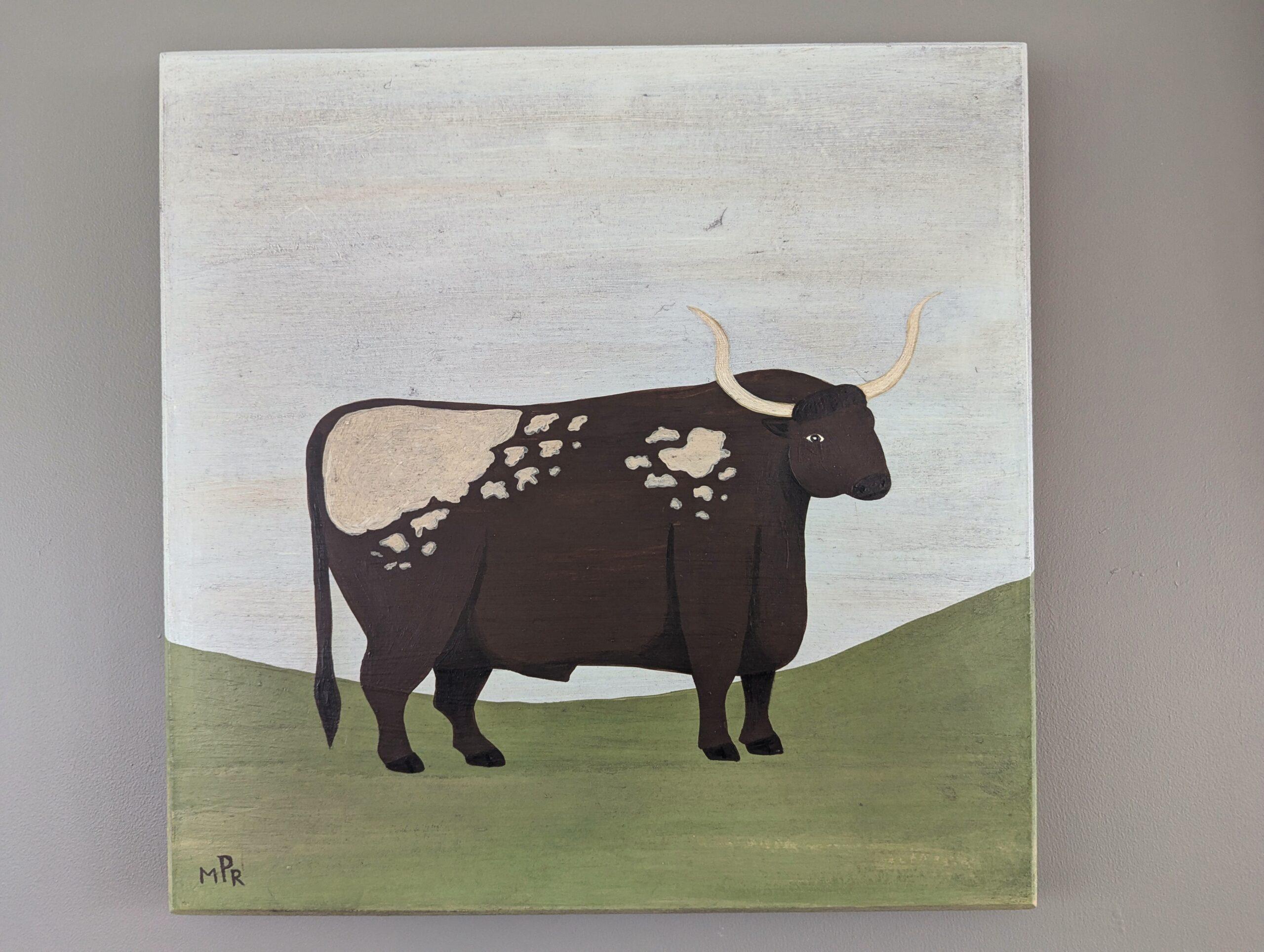 Contemporary Minimalist Naïve Animal Oil Painting - Old English Longhorn (Grau), Animal Painting, von Matt Rix