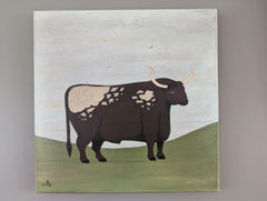 Contemporary Minimalist Naïve Animal Oil Painting - Old English Longhorn