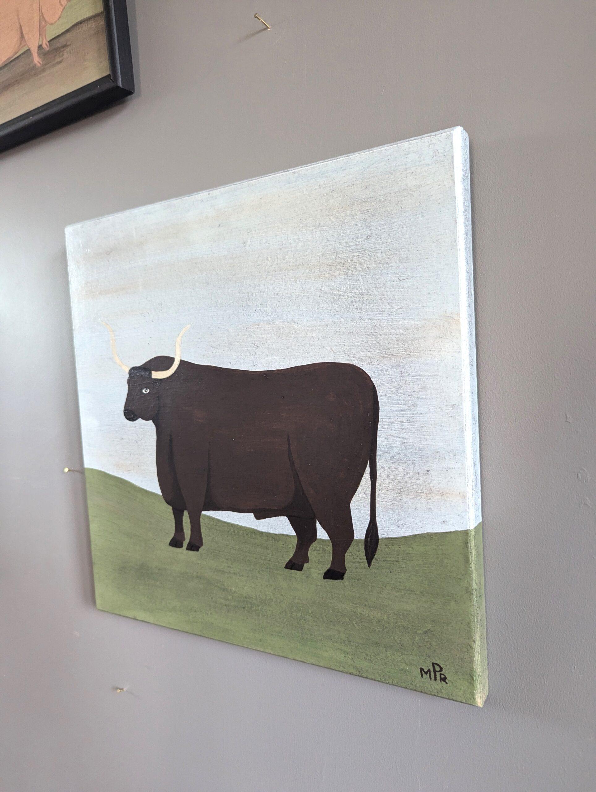 Contemporary Minimalist Naïve Animal Oil Painting - Old English Longhorn im Angebot 3